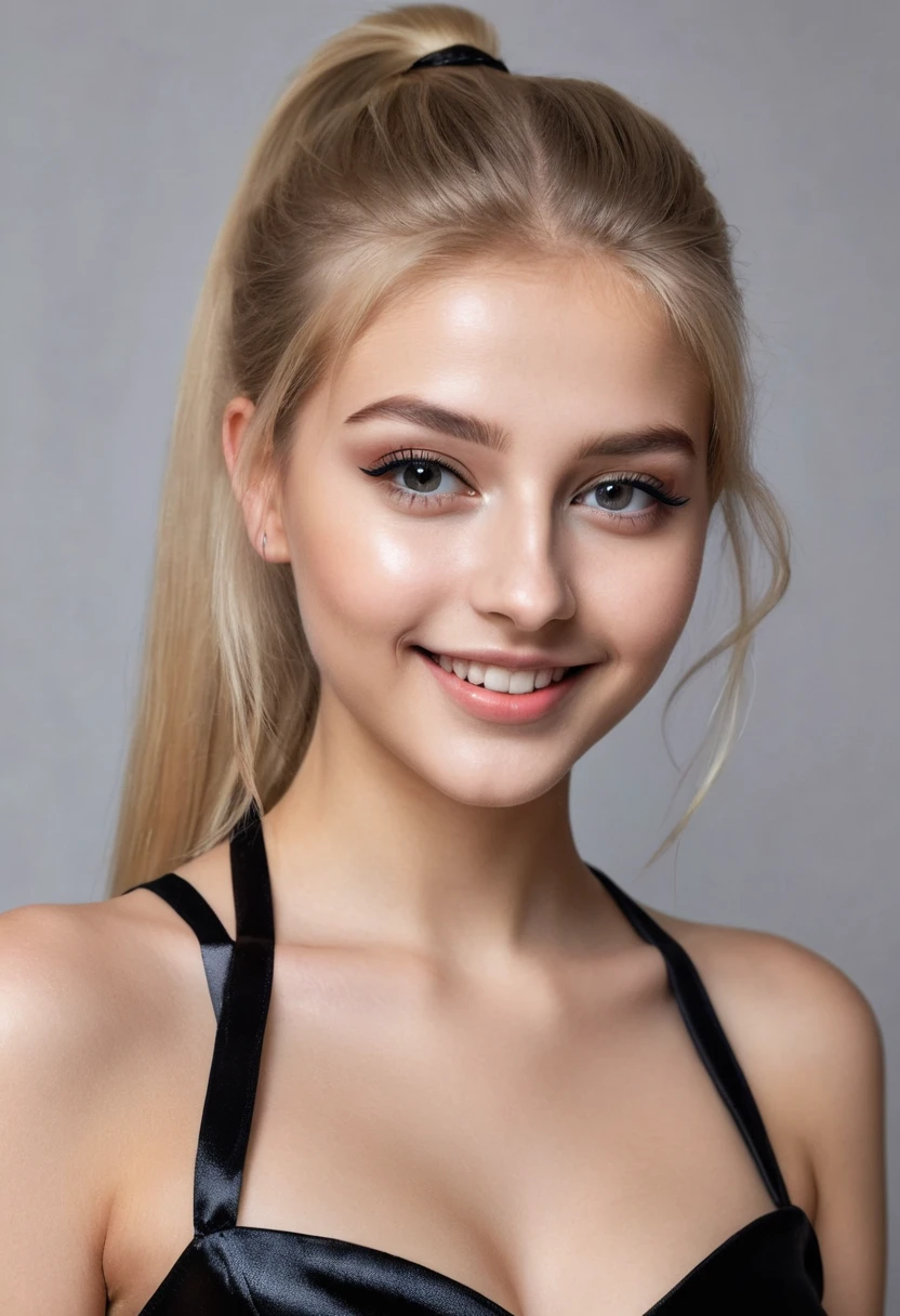 hyperrealistic beautiful 18-year-old women in shiny black bare shoulder short minidress, model shooting full body photography, very long blonde straight ponytail, dark eye makeup with eyeliner, seductive smile, flashing , 8K, best quality, Meisterwerk, ultra high resolution, (Realismus: 1.4), Originalfoto, (realistische Hautstruktur: 1.3), (Filmkorn: 1.3), (Selfie-Winkel), 1 girl, Beautiful eyes and facial details, Meisterwerk, best quality