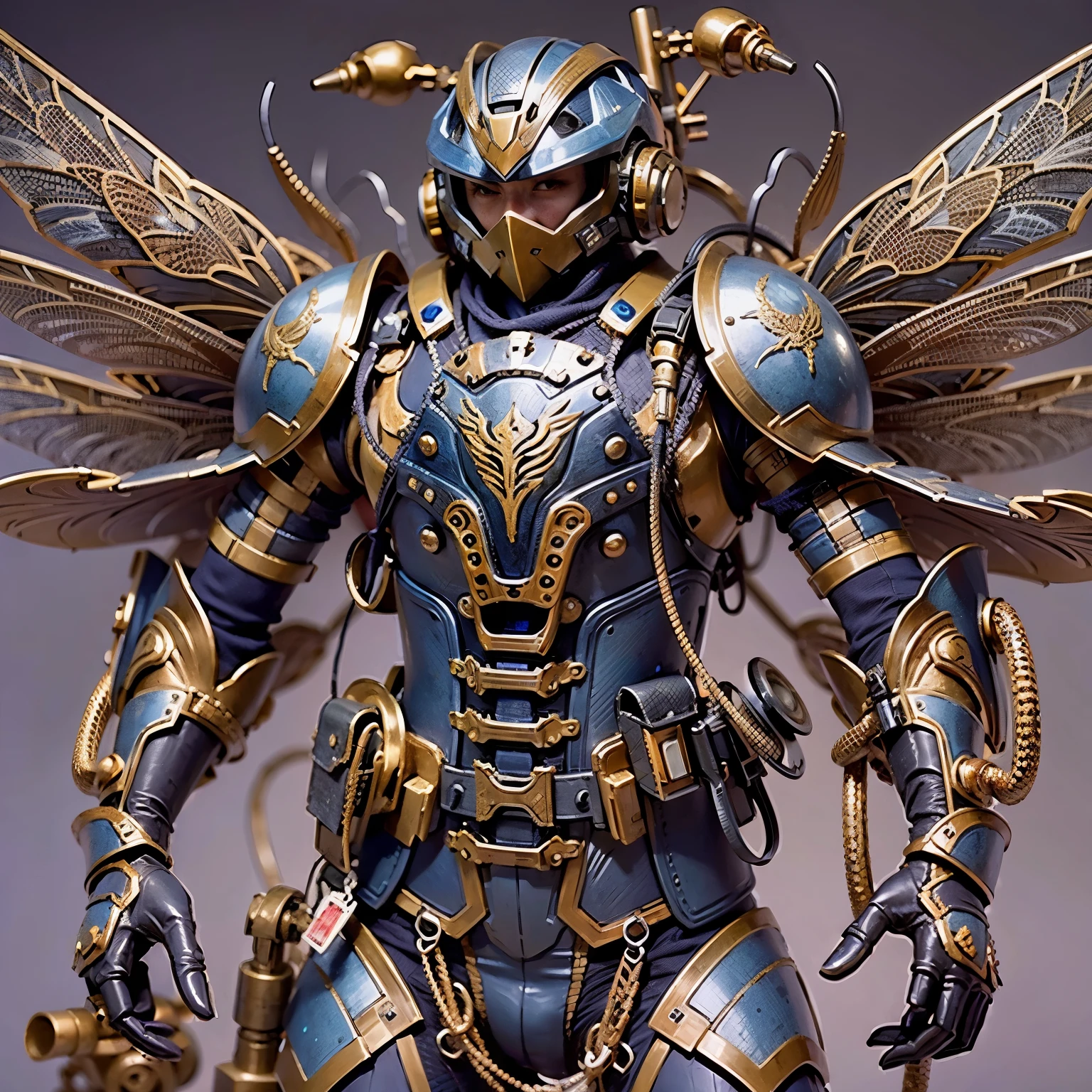 (mechanical armor with reference to a dragonfly), power pipes, hydraulic cylinders, ultimate intricate detail, Japanese male soldier in mechanical armor, very beautiful face, realistic, full body shot, sortie from secret base, steampunk