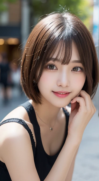 Tabletop, highest quality, figure, Very detailed, In detail, High resolution, 8k wallpaper, Perfect dynamic composition, Beautiful fine details, Women's fashion,Very short hair,small breast natural color lip, Bold sexy pose,smile,Harajuku、20-year-old girl、cute、sexy shot looking at camera