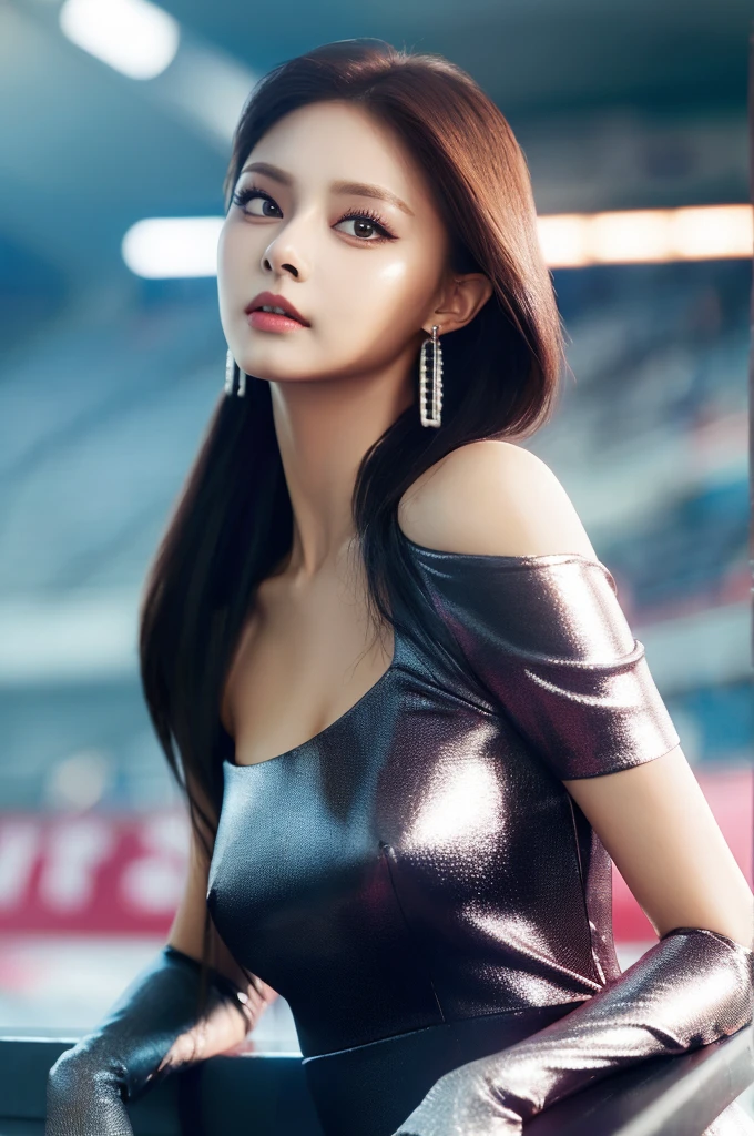 Tzuyu 1, woman, (Realistic), (Hyperrealism), (photoRealistic), Written boundary depth, eye make up:0.7 (whole body:1.2), (Large Bust),(Tight waist), Observe the audience,In the pits of a race track, Race Queen, A sexy dress with open shoulders and neckline