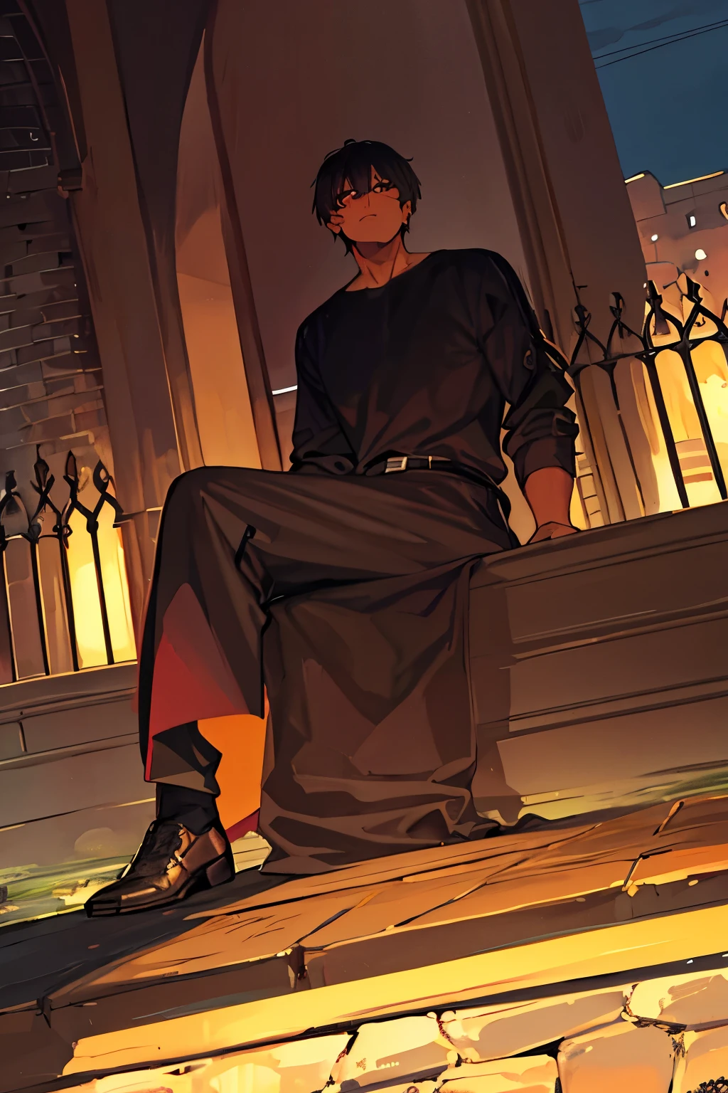 brown skin male, black man, short black hair, sitting down, scowl, tall, simple shirt, evil mage, night, adult, fantasy, castle, 8k, 