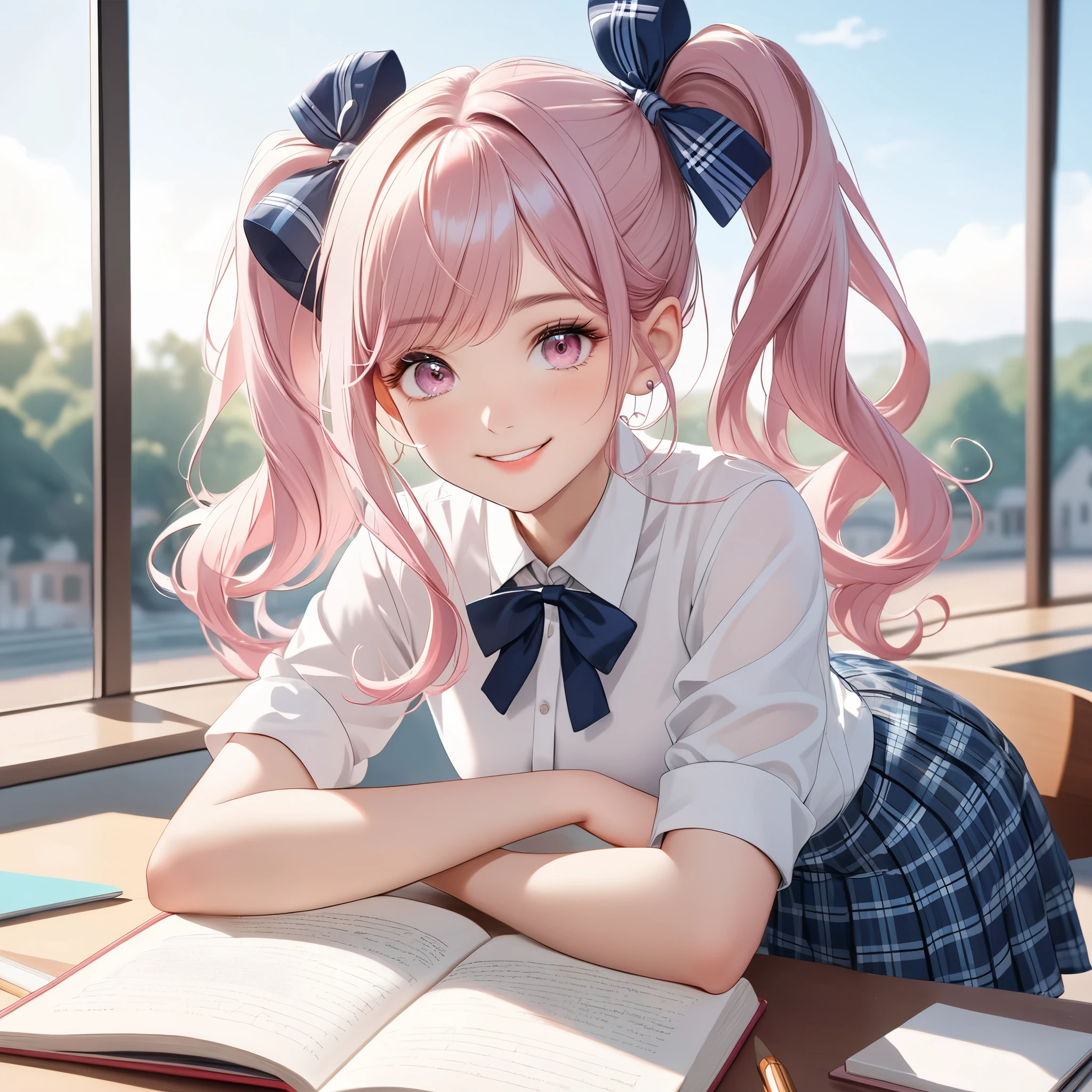(8K, masutepiece, Highest Quality, Best Quality, Official art, Breathtaking beauty and aesthetics, A highly detailed, The best masterpiece in history that exceeds limits, Breathtaking and beautiful lighting:1.2), (1 Absolute Beautiful Girl, Solo), (), (beautiful detailed face), (shiny white skin), (beautiful detailed pink twin tails hair, Bangs:1.3), (beautiful detailed adolable drooing pink eyes:1.3), (high school uniform), (white shirt, pastel blue Tartan Plaid pleated skirt, patsel blue ribbon:1.3), (Beautiful big bust:1.3), (happy smile, Beautiful smile, Gentle smile, cute smile, innocent smile:1.2), (Attractive, amazing, Beautiful, Elegant, Luxurious, magnifica, Happy, Eye-catching, the ultimate beauty, Supreme Beauty, Superlative beauty, Elegant, Graceful, Everyone loves it, Beauty that fascinates everyone, Healed, The highest level of complete beauty, cute like an idol, Stylish like a fashion model, Goddess-like grace, Be loved, cute little, adolable), Look at the camera, cute pose, breathtaking scenery, (ultra detailed realistic Beautiful high school, studying, morning:1.3),