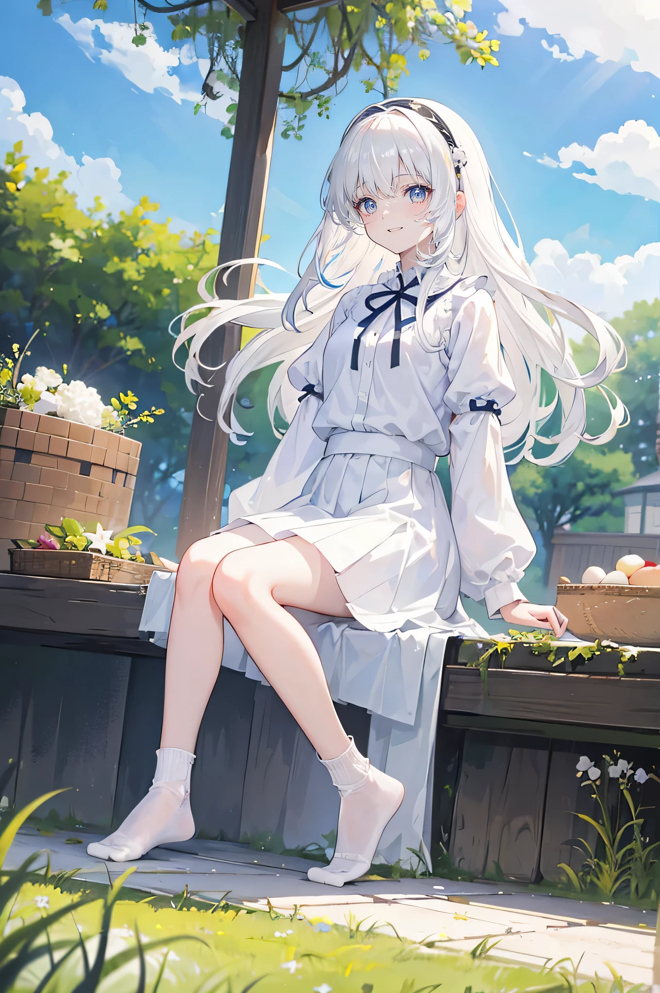 White hair,Long hair,Bangs,Bangs neatly,Hairband,Gray eyes,girl,cute,laughing expression,Happy and happy expression,White shirt,skirt,White socks on feet,Sit on the ground and have a picnic,whole body,Don't show your arms,The background is a lawn,Blue sky and white clouds