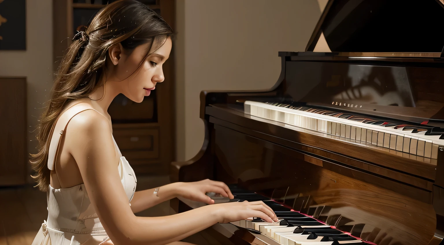 arafed image of a woman playing a piano with Music notes, an illustration by Jennifer Janesko, obturador, arte digital, pianista, tocar piano, Energetic jazz piano portrait, Music being played, Music in the air, promo art, exquisite digital illustration, piano, masterful composition!!!, artistic illustration, Music, artistic rendering, obras de arte deslumbrantes, artistic!!! composition