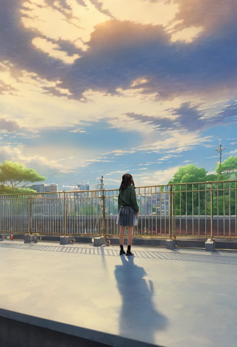 1girl,Person Standing on the Rooftop,aesthetic,okujyou,scenery,sky,fence,cloud,blue sky,outdoors,rooftop,building,day,cityscape,shadow,chain-link fence,city,(best quality,4k,8k,highres,masterpiece:1.2),ultra-detailed,(realistic,photorealistic,photo-realistic:1.37),HDR,UHD,studio lighting,ultra-fine painting,sharp focus,physically-based rendering,extreme detail description,professional,vivid colors,bokeh,portraits,landscape,colorful,overlooking,serene,peaceful,tranquil,sunlit,contemplative,striking silhouette,picturesque scenery,immersive,dreamy ambiance,sophisticated styling,elegant,touch of nostalgia,lush greenery,relaxing atmosphere