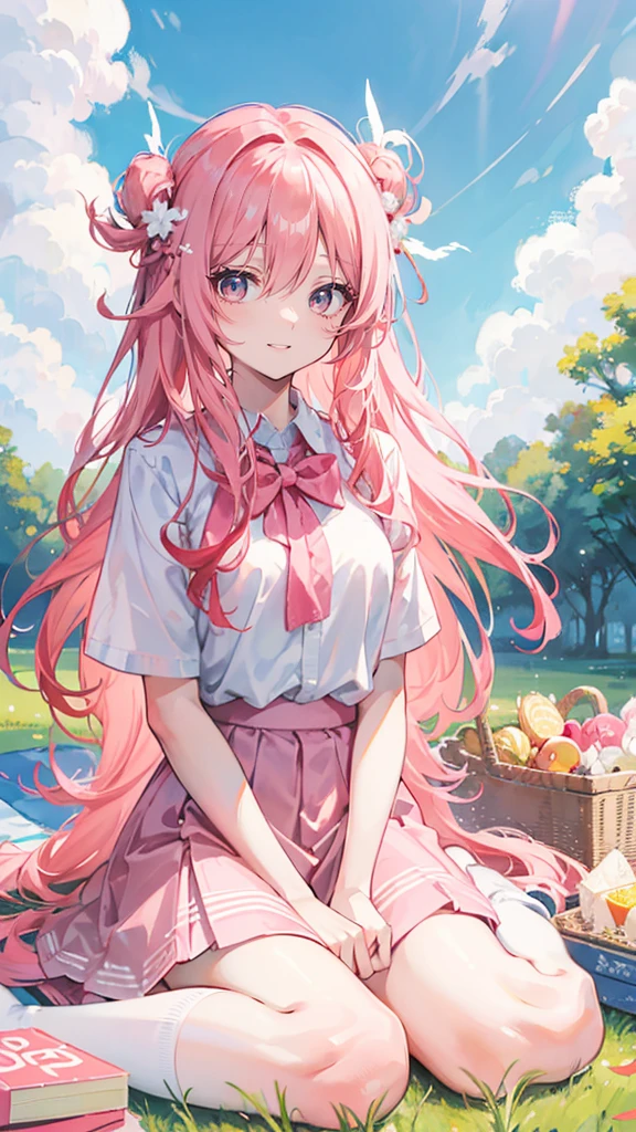 Coral pink hair，Long hair，hair over one eye，Gray eyes，feather hair ornament，cute，Girl，laughing expression，，Happy and happy expression，White shirt，skirt，White socks on feet，Sit on the ground and have a picnic，whole body，Don't show your arms，The background is a lawn，Blue sky and white clouds