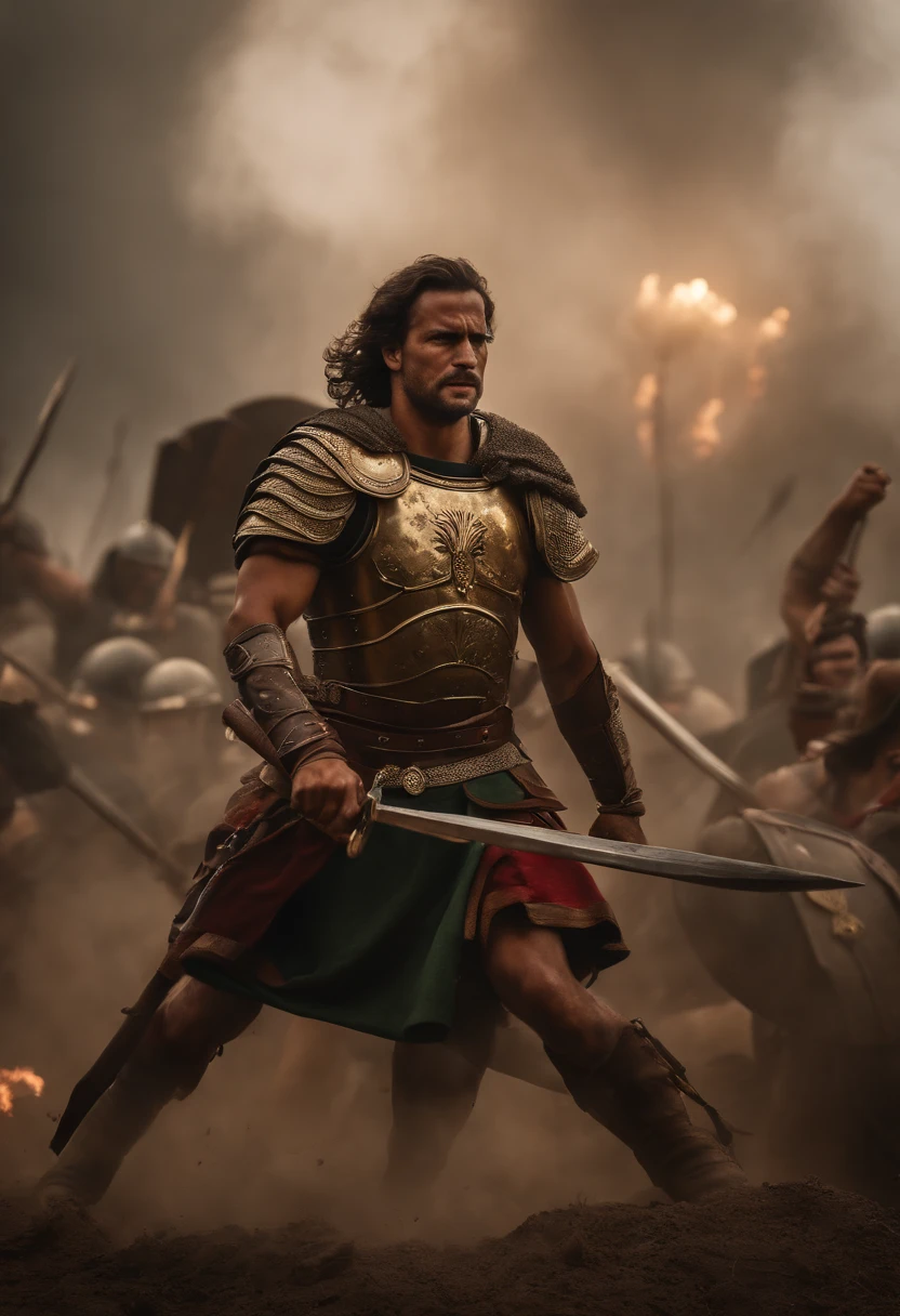 (melhor qualidade,4K,8k,high resolution,obra de arte:1.2),ultra-detalhado,(realista,photorealista,photo-realista:1.37),a luz solar ilumina o campo de batalha em um prado verde, Roman warrior standing over a defeated enemy,machados cobertos de sangue,spirit of victory,exultation,bandeiras,fogo e flechas,illustration,texturas aprimoradas,alto contraste,cena de batalha violenta,strong and intense emotions,billowing smoke,movido pela adrenalina,chaotic and dynamic atmosphere,Armaduras e armas detalhadas,guerreiro selvagem e indomado,historical accuracy,rough and robust,realista battle damage,cicatrizes e hematomas,Grim determination,dark and threatening clouds,raios dourados,inferno ardente,liberando flechas,proudly hoisting the bandeiras,majestic presence of the berserker,olhar feroz,sorriso sinistro,grama verde,grosso e delicioso,flores desabrochando,cores vibrantes,beleza natural,escala impressionante,adrenalina do guerreiro,gritos de guerra ferozes,powerful axis oscillations,fast-paced action,evocative composition,creating a sense of movement and energy,In the heart of the battle,the personification of victory and dominion,showing the triumph of the warrior spirit.