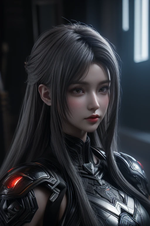 Masterpiece,Game art,The best picture quality,Highest resolution,8K,(Portrait),Unreal Engine 5 rendering works,(Digital Photography),((Portrait Feature:1.5)),
20 year old girl,Short hair details,With long bangs,(The red eye makeup is very meticulous),(With long gray hair:1.4),(Large, full breasts),Elegant and noble,Brave and charming,
(Future armor combined with the characteristics of ancient Chinese armor,Hollow design,Power Armor,The mysterious Eastern runes,A delicate dress pattern,A flash of magic),Warrior of the future,Cyberpunk figures,Background of war,
Movie lights,Ray tracing,Game CG,((3D Unreal Engine)),OC rendering reflection pattern