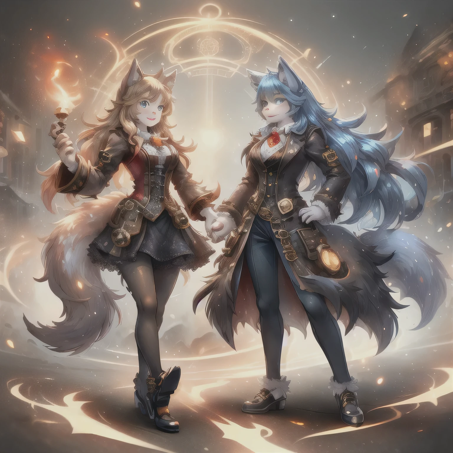 woman, hairy woman, wolf woman, full body portrait, full fur, golden fur, full tail, big tail, golden tail, golden hair, long hair, bushy hair, hair, hair with a brooch (gear-shaped brooch ), almond-shaped eyes, blue eyes, shy smile, charming face, red cheek, long dress (dark blue color in steampunk style), worn tights, black tights, heeled shoe, steampunk shoe, background with steampunk city (a woman wolf this walk in the city), lots of people in the street