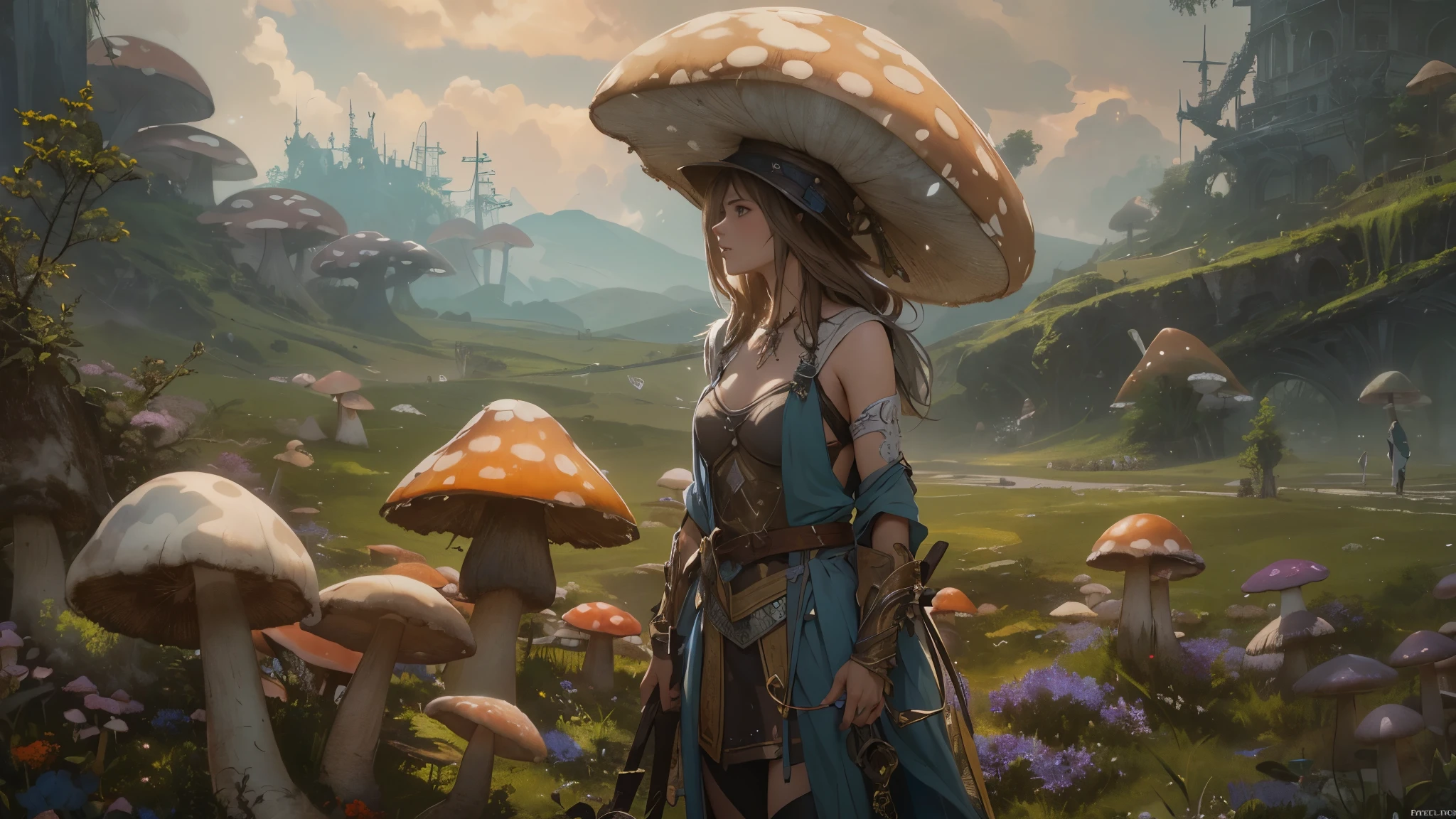 (by Greg Rutkowski: 1.2), (masterpiece), ((best quality)), extremely delicate and beautiful, illustration, (fantasy landscape), A mesmerizing fantasy with enchanting elements blending seamlessly. ((a woman with hat, standing in a field of giant mushrooms,, from final fantasy x)), A sense of tranquility and wonder fills the air, inviting exploration and discovery. From Brian Froud and Carne Griffiths and Wadim Kashin and John William Waterhouse, 8K post-production, high resolution, hyperdetailed, depth of field, HDR, intricate