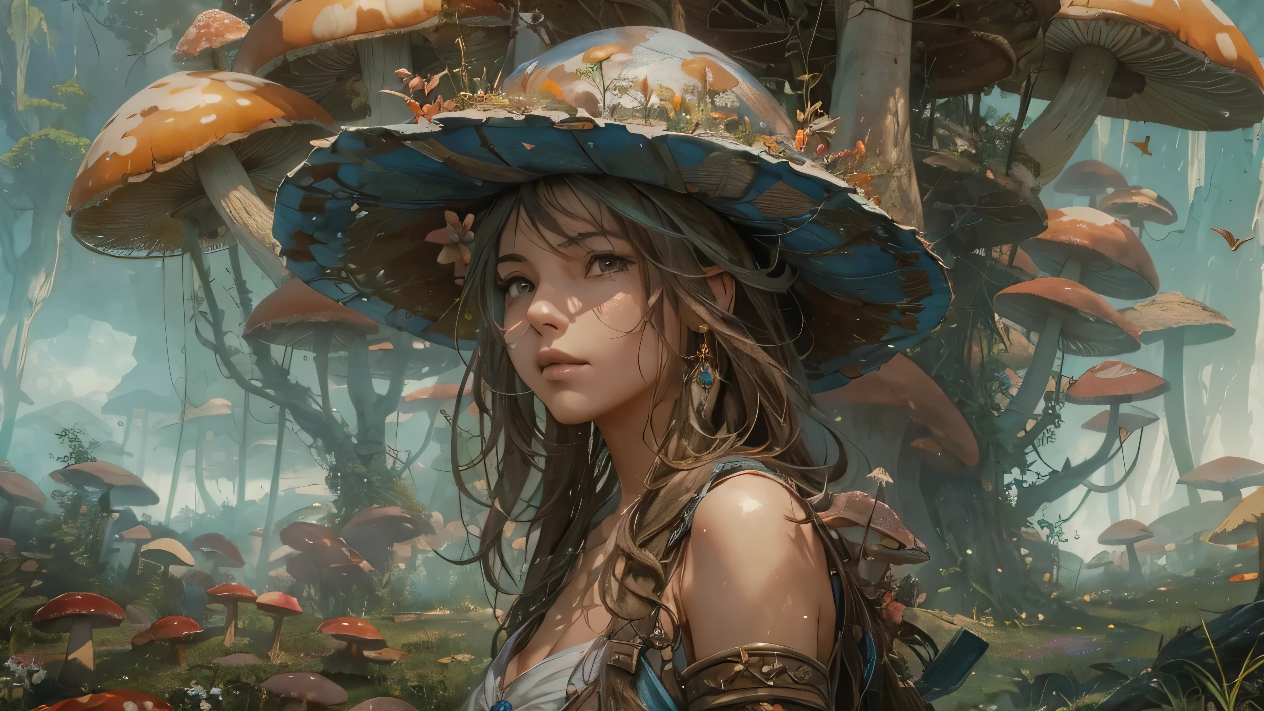 (by Greg Rutkowski: 1.2), (masterpiece), ((best quality)), extremely delicate and beautiful, illustration, (fantasy landscape), A mesmerizing fantasy with enchanting elements blending seamlessly. ((a woman with hat, standing in a field of giant mushrooms,, from final fantasy x)), A sense of tranquility and wonder fills the air, inviting exploration and discovery. From Brian Froud and Carne Griffiths and Wadim Kashin and John William Waterhouse, 8K post-production, high resolution, hyperdetailed, depth of field, HDR, intricate