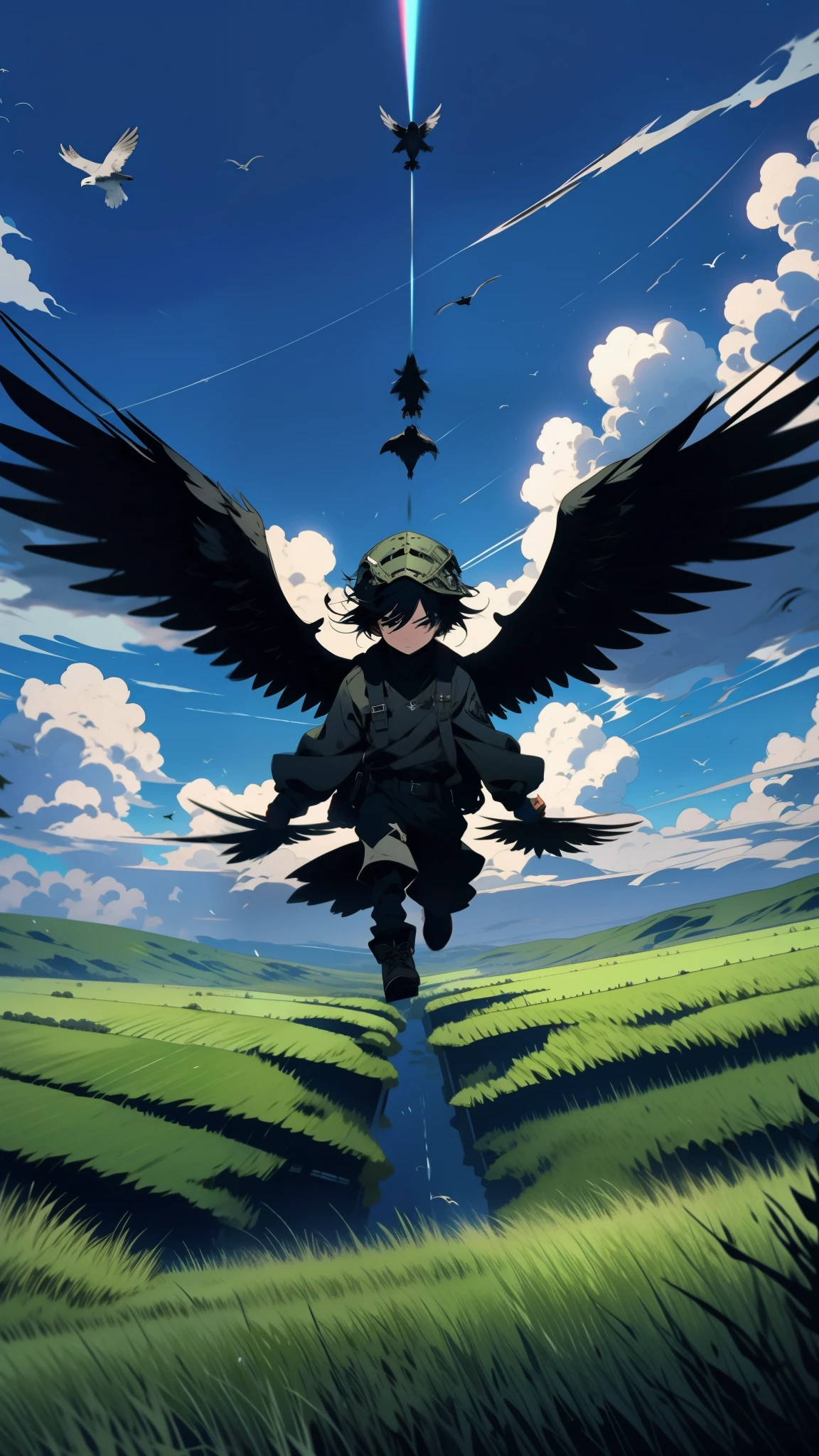 a cinematic portrayal of an boy character flying high above a vast grass field, wearing the iconic black wings griffin outfit, by makoto shinkai, dressed in khaki and black attire, and sporting an eagle helmet. dramatic lighting, sweeping vistas, and a sense of awe-inspiring beauty.