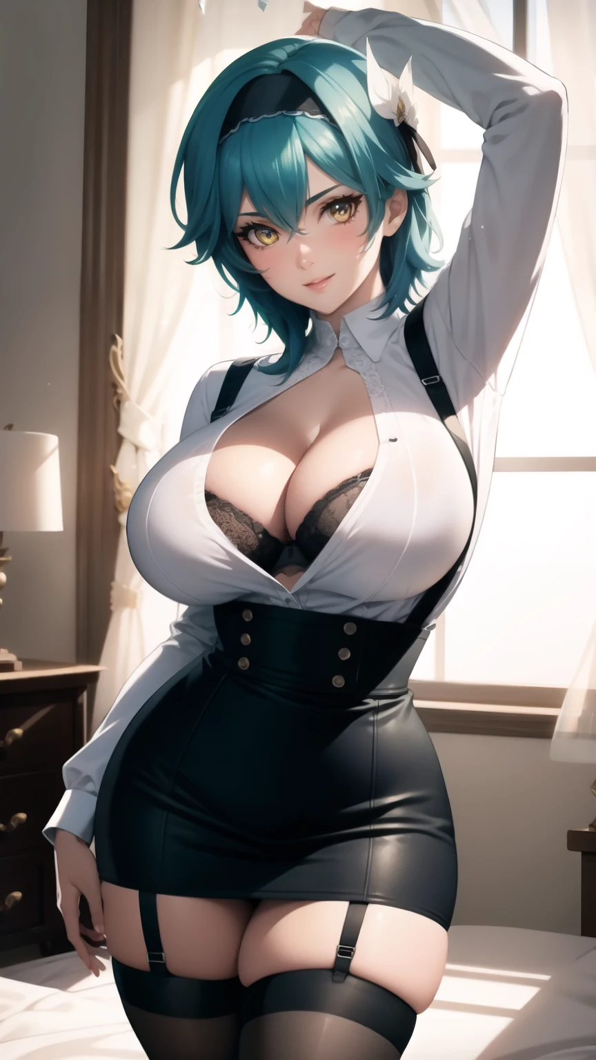 absurdres, highres, highly detailed, (official art, beautiful and aesthetic:1.2), ultra detail, beautiful face, mature women, ((mature body)), ((mature face)), 1women, Eula, black hairband, blue hair, hair ornament, hairband, short hair, yellow eyes, blushing, loving smile, wide hips, thicc thighs, ((cleavage)), big breasts, (black bra), ((long sleeve white blouse)) with ((high waist skirt)), suspenders, ((black stockings)), ((seductive pose)), (bedroom), dynamic lighting, dynamic shadows, ((proportional body)), ((hands above head)), ((realistic texture)), (intricate)