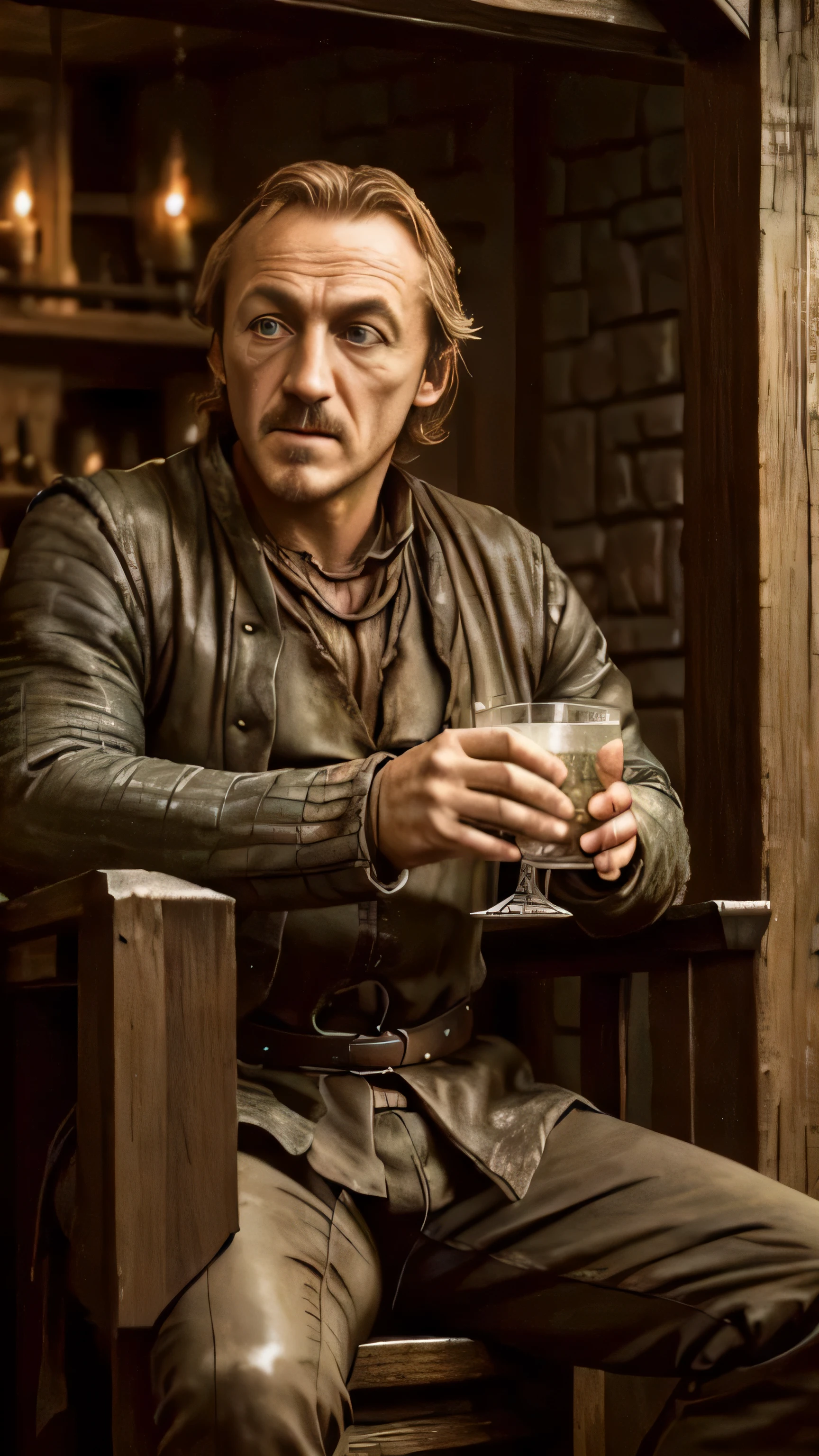 ((Jerome Flynn)) as Bronn, leather armor, big sword, drinking, sitting, in a tavern, (1man), (solo), (full body view), beautiful detailed glow, detailed, cinematic light, intricate detail, realistic, highres, detailed facial features, high detail, sharp focus, smooth, aesthetic, extremely detailed, stamp, octane render