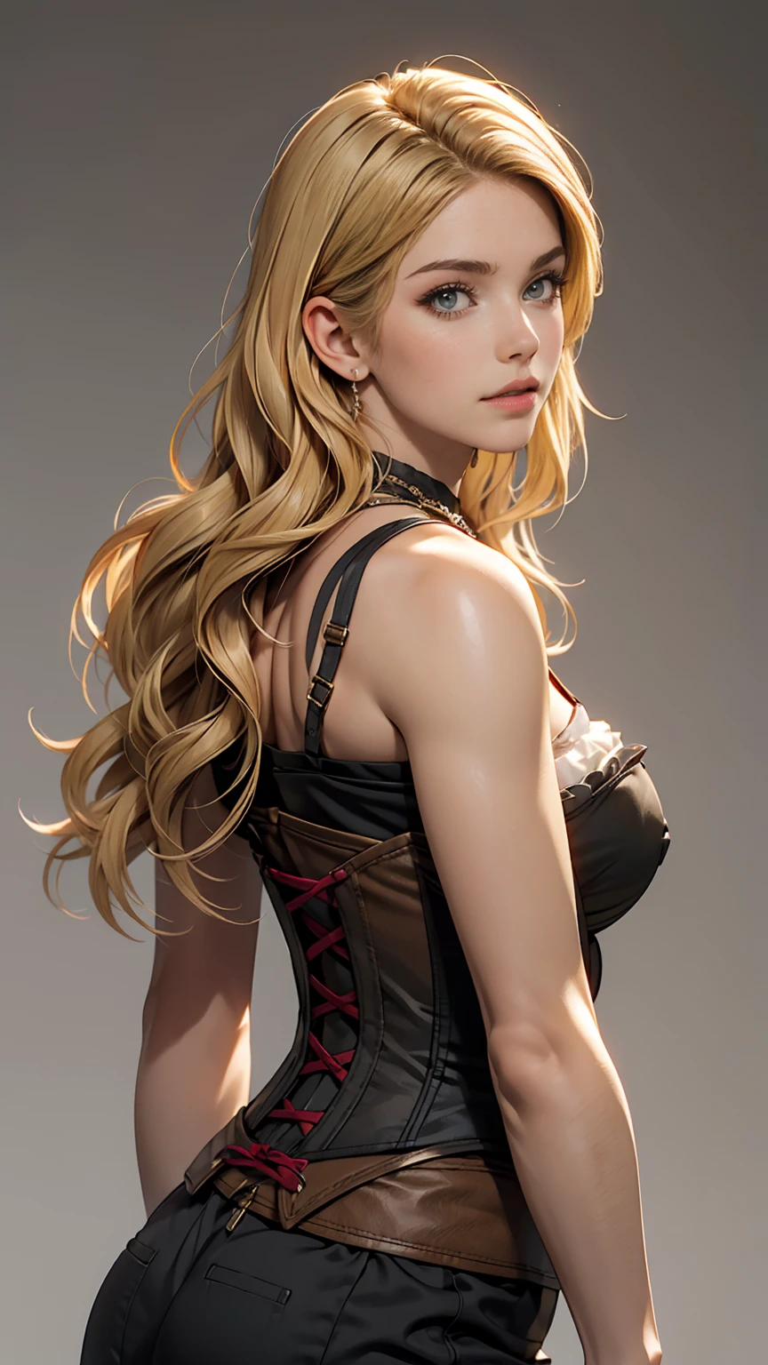 One girl, alone, View your viewers, Blonde long hair, Wearing a corset, Big Ass, Brown eyes, Upper Body, Gray background, Normal , lips, Realistic, a konigsreuter