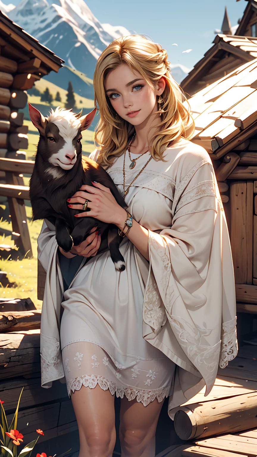 ((最high quality, 8K, masterpiece: 1.3, Ultra HD, high quality, 最high quality, High resolution, realism)) 、A 22-year-old extremely beautiful white woman、Hair color blonde、blue eyeedium Hair、Straight Hair、smile、Slender but well-proportioned body、Background blur((depth of field))、Aerial perspective((atmospheric perspective))、I want my head to stay off screen、Put an anklet on your ankle、Wearing red nail polish、I have a peticure、Heidi, the girl of the Alps、Grassland in the Alps、I&#39;m in a log house、The Alps can be seen in the distance、Holding a baby goat