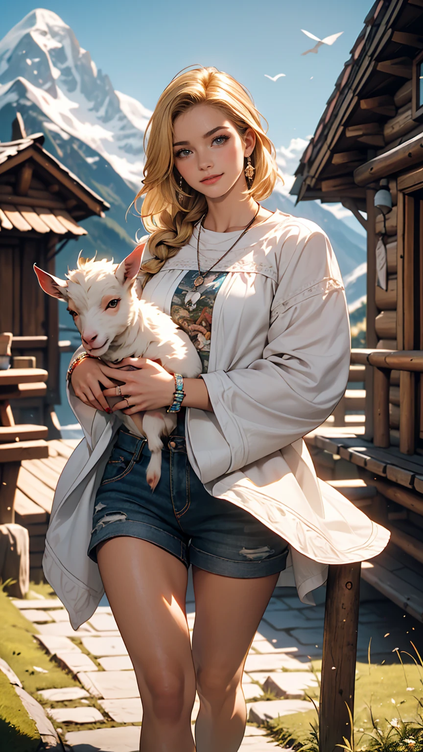 ((最high quality, 8K, masterpiece: 1.3, Ultra HD, high quality, 最high quality, High resolution, realism)) 、A 22-year-old extremely beautiful white woman、Hair color blonde、blue eyeedium Hair、Straight Hair、smile、Slender but well-proportioned body、Background blur((depth of field))、Aerial perspective((atmospheric perspective))、I want my head to stay off screen、Put an anklet on your ankle、Wearing red nail polish、I have a peticure、Heidi, the girl of the Alps、Grassland in the Alps、I'm in a log house、The Alps can be seen in the distance、Holding a baby goat