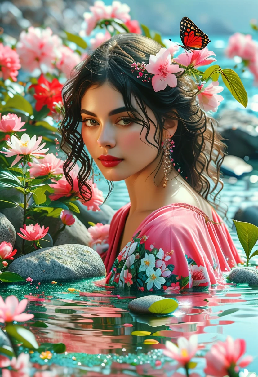 Detailed description of the visual element，The color palette is a mix of soft pastels and vibrant spring colors like green.，pink color，This combination evokes blooming flowers and fresh foliage.，Perfect for spring theme，High-quality images integrated into salon interiors，Peaceful environment，Girl standing on the water，Water splashes on the floor of the girl，Some stones have flowers on them，exudes fragrance，Includes before and after photos of customers who received spring makeovers，To highlight the salon&#39;s services，Use elegant script fonts for titles to convey elegance，And use a modern sans serif font for body text，To ensure readability and modernity， Dark Brown Curly Hair，Wearing a bright red salwar suit，focus，Close Range，Watch，Close your eyes，Surround her with spring graphics，For example, flowers and butterflies，Symbolizes the changing seasons and the essence