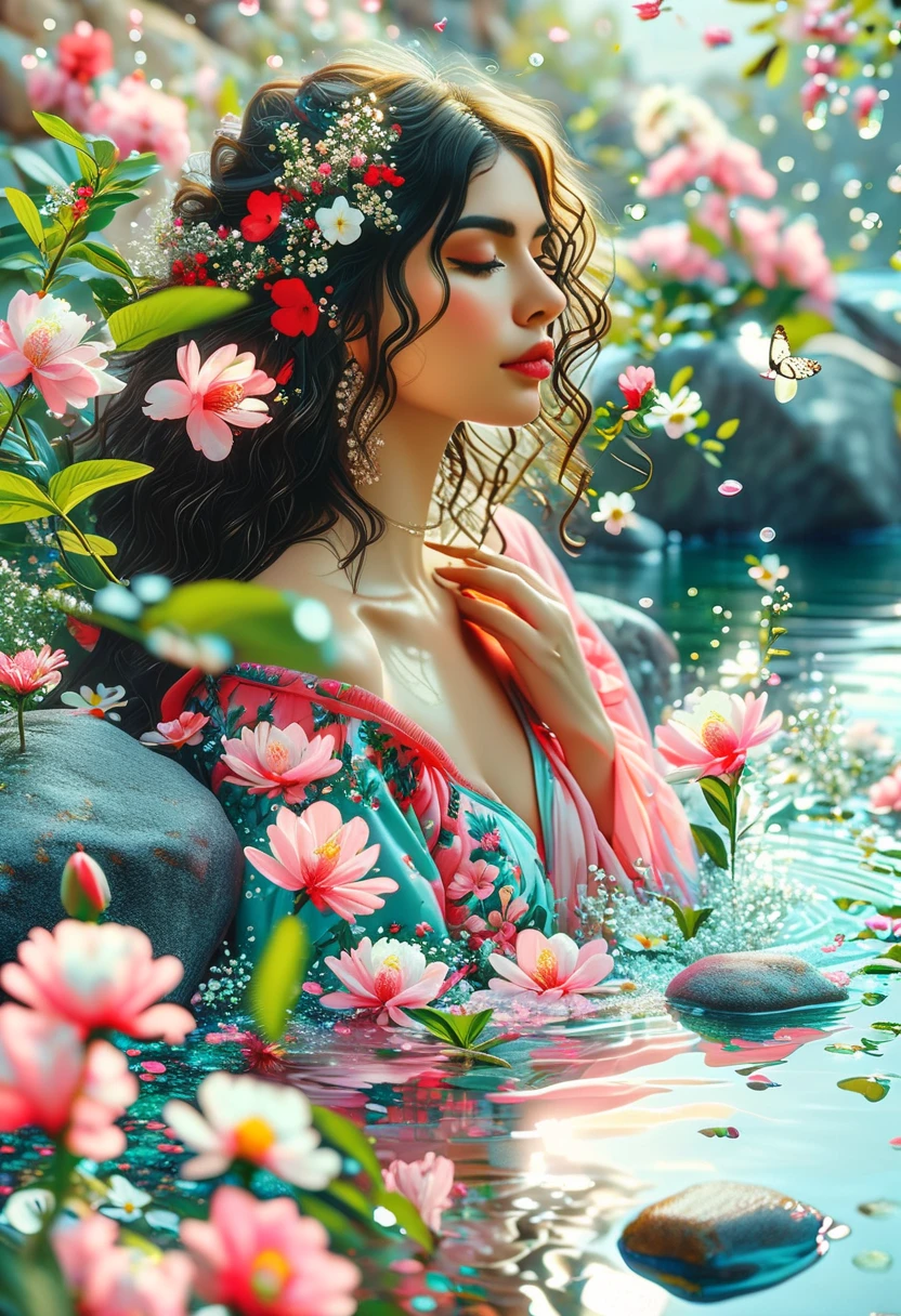 Detailed description of the visual element,The color palette is a mix of soft pastels and vibrant spring colors like green.,pink color,This combination evokes blooming flowers and fresh foliage.,Perfect for spring theme,High-quality images integrated into salon interiors,Peaceful environment,Girl standing on the water,Water splashes on the floor of the girl,Some stones have flowers on them,exudes fragrance,Includes before and after photos of customers who received spring makeovers,To highlight the salon's services,Use elegant script fonts for titles to convey elegance,And use a modern sans serif font for body text,To ensure readability and modernity, Dark Brown Curly Hair,Wearing a bright red salwar suit,focus,Close Range,Watch,Close your eyes,Surround her with spring graphics,For example, flowers and butterflies,Symbolizes the changing seasons and the essence