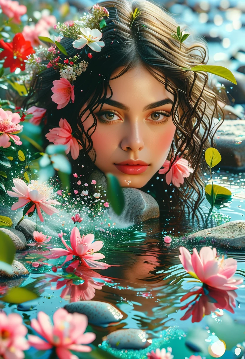 Detailed description of the visual element，The color palette is a mix of soft pastels and vibrant spring colors like green.，pink color，This combination evokes blooming flowers and fresh foliage.，Perfect for spring theme，High-quality images integrated into salon interiors，Peaceful environment，Girl standing on the water，Water splashes on the floor of the girl，Some stones have flowers on them，exudes fragrance，Includes before and after photos of customers who received spring makeovers，To highlight the salon&#39;s services，Use elegant script fonts for titles to convey elegance，And use a modern sans serif font for body text，To ensure readability and modernity， Dark Brown Curly Hair，Wearing a bright red salwar suit，focus，Close Range，Watch，Close your eyes，Surround her with spring graphics，For example, flowers and butterflies，Symbolizes the changing seasons and the essence