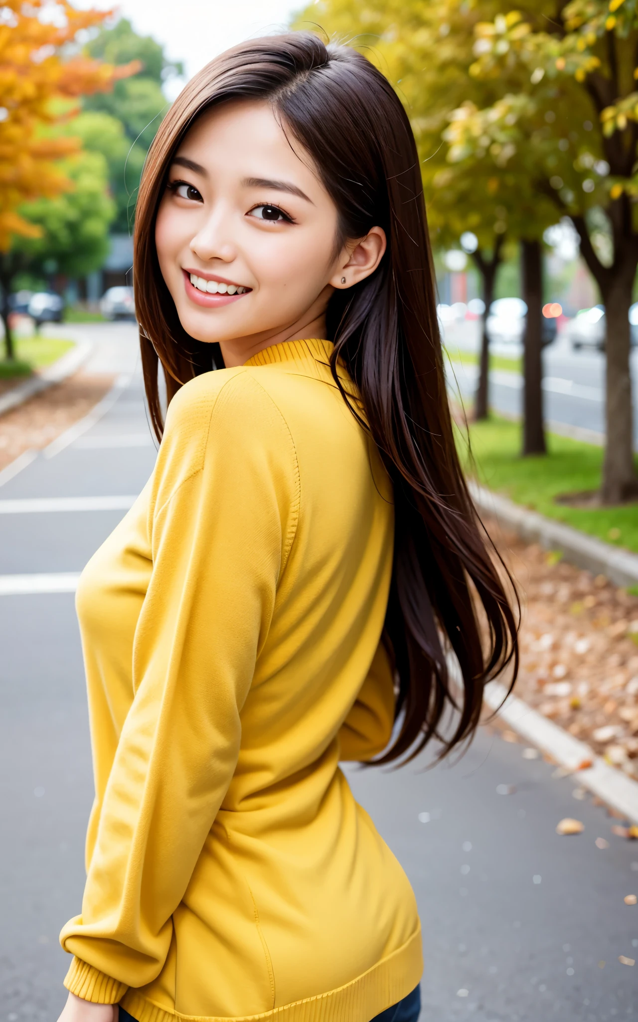 highest quality, figure, Ultra-detailed, finely, High resolution, 8K Wallpaper, 完璧なダイナミックな構figure, ((Sexy pose)), Beautiful Skin, (Big Eyes), 20 year old beautiful girl, Natural color lip, Mid chest, smile, Highly detailed face and skin texture, Detailed eyes, Double eyelid,leaking teeth and laughing, close-up, from behind, Brown long hair, (Yellow Sweater:1.2), Tree-lined street