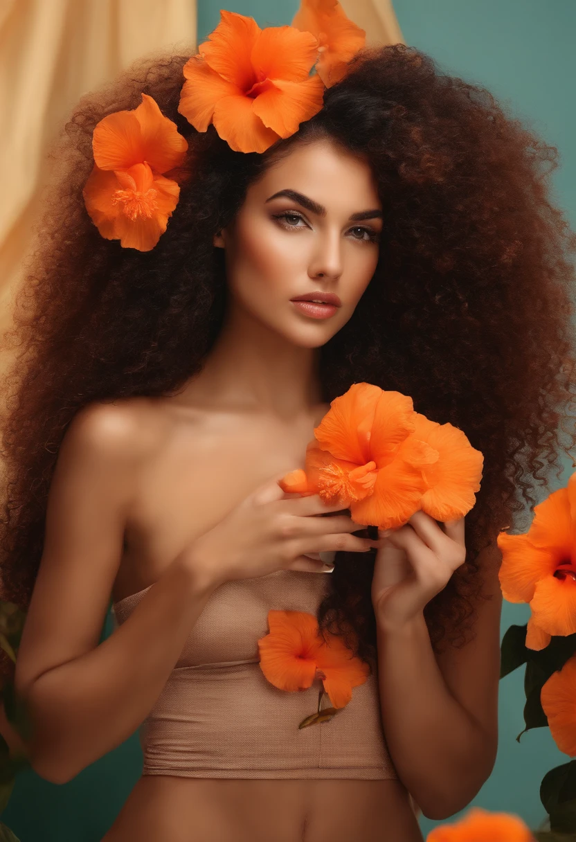 female sexy young woman with curly hair, holding a hibiscus flower orange nuances next to her pubic area