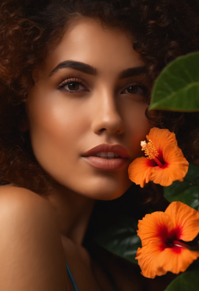 female sexy young woman with curly hair, holding a hibiscus flower orange nuances next to her pubic area