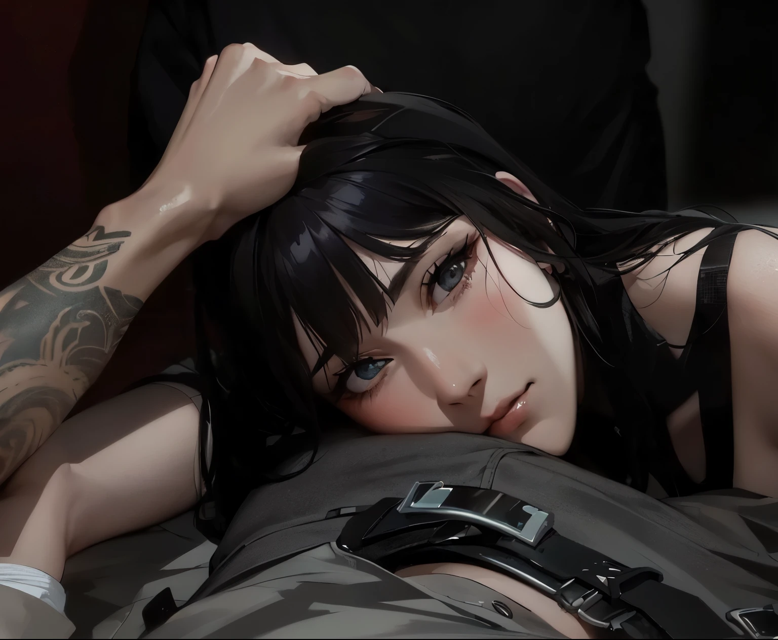 sexy girl placing ((beautiful face big blue eyes) ((lust face expression))) her head on mans pants, ((male boner bulge pants) visible (black jeans) belt)