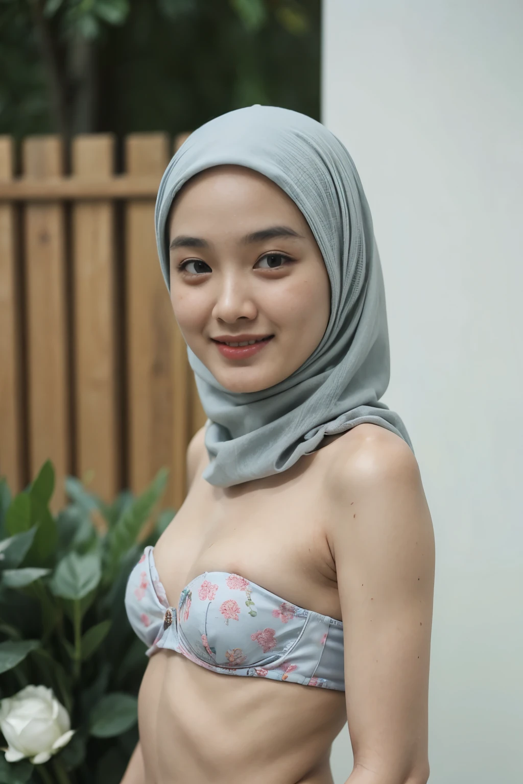 (HIJAB), 18 year old girl naked in Toilet room, pink, smile, ("Flat Chest"), ("Flat Chest"), ("Flat Chest"), ("Flat Chest"), ((WEARING STRAPLESS COLOURFUL BRA)) SATIN FLORAL PATTERN
