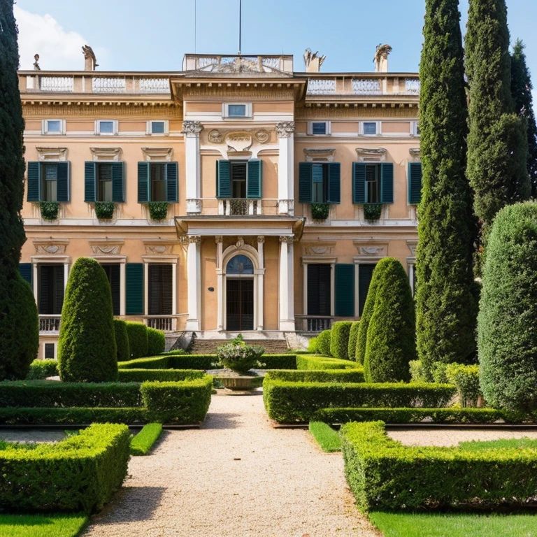 “Villa Bonaparte in Rome” Prompt: “Beautiful gardens and buildings of Villa Bonaparte”