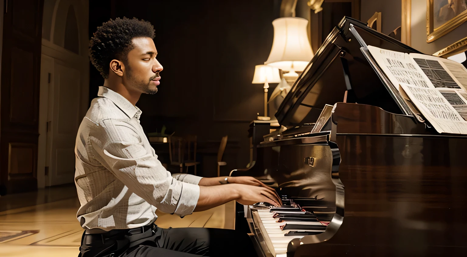arafed image of a black man playing a piano with Music notes, pianista, tocar piano, Energetic jazz piano portrait, Music being played, Music in the air, promo art, exquisite digital illustration, piano, masterful composition!!!, artistic illustration, Music, artistic rendering, obras de arte deslumbrantes, artistic!!! composition, pianos, Music poster, grand piano, bela obra de arte