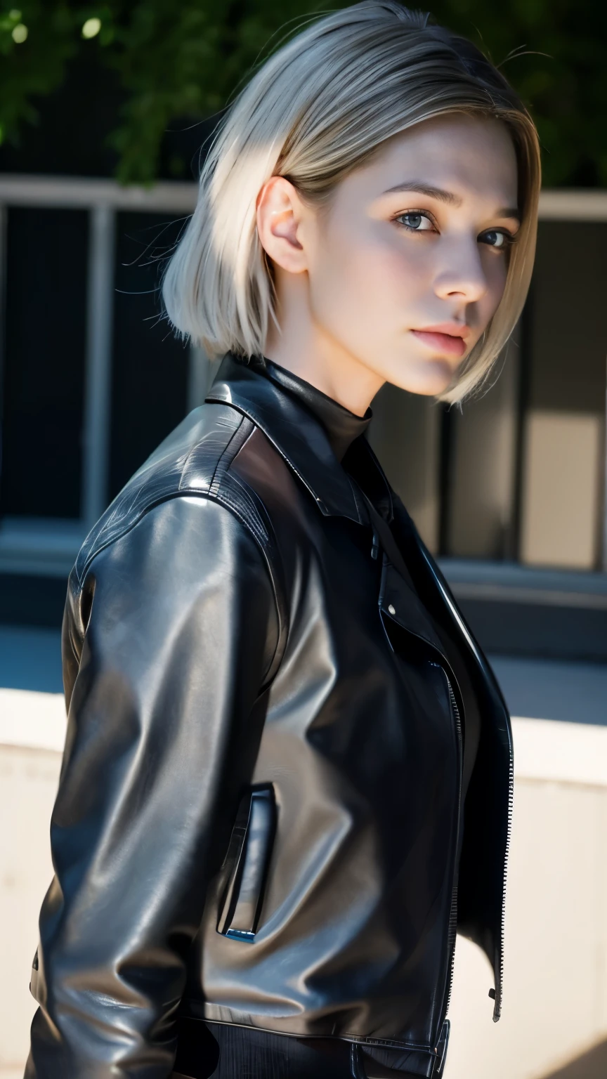 One girl, highest quality、masterpiece、超A high resolution、(Photorealistic:1.4)、RAW Photos、1 girl、（silver hair blue eyes:1.1)、Glowing Skin、((Ultra-Realistic Details))、((Black Leather Jacket:1.2))、((Black denim pants:1.2))、Portrait、Global Illumination、Shadow、Octane Rendering, Facing forward、 Looking at the camera, beautiful, 30 years, compensate, Passionate look , Soft lighting, 2D background ,