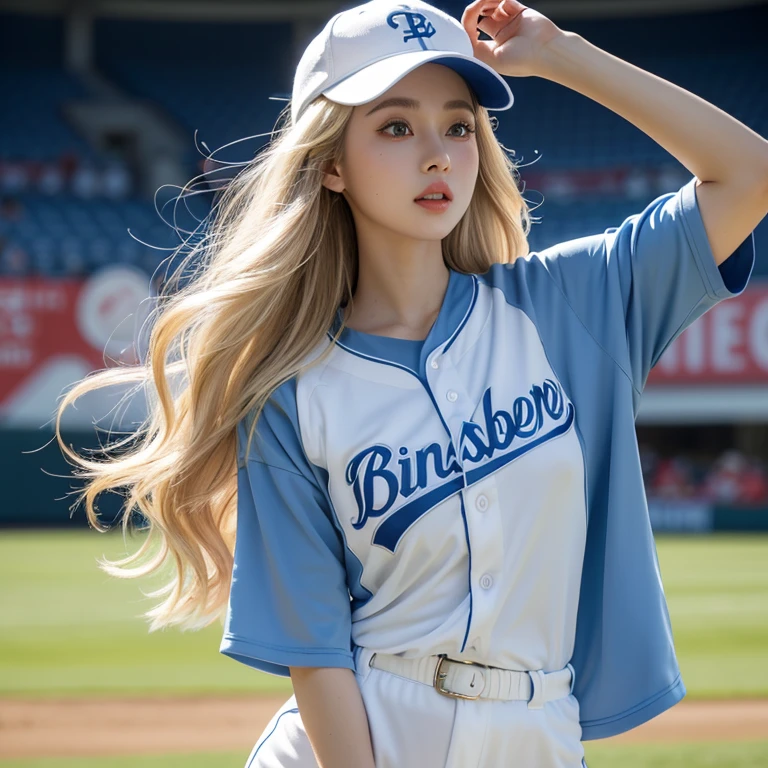 Highest quality，26 years old，woman，Long Hair，Light blonde hair color，Soft wavy hairstyle，with big eyes、Deep blue，Bright、Has a lively expression，Healthy and bright skin tone，Thick lips，flom below，whole body，The thighs are a little thicker，Looking at the camera，Cinema Lighting，baseball Ground，ground，Sky blue baseball uniform，running，Sky blue baseball cap、