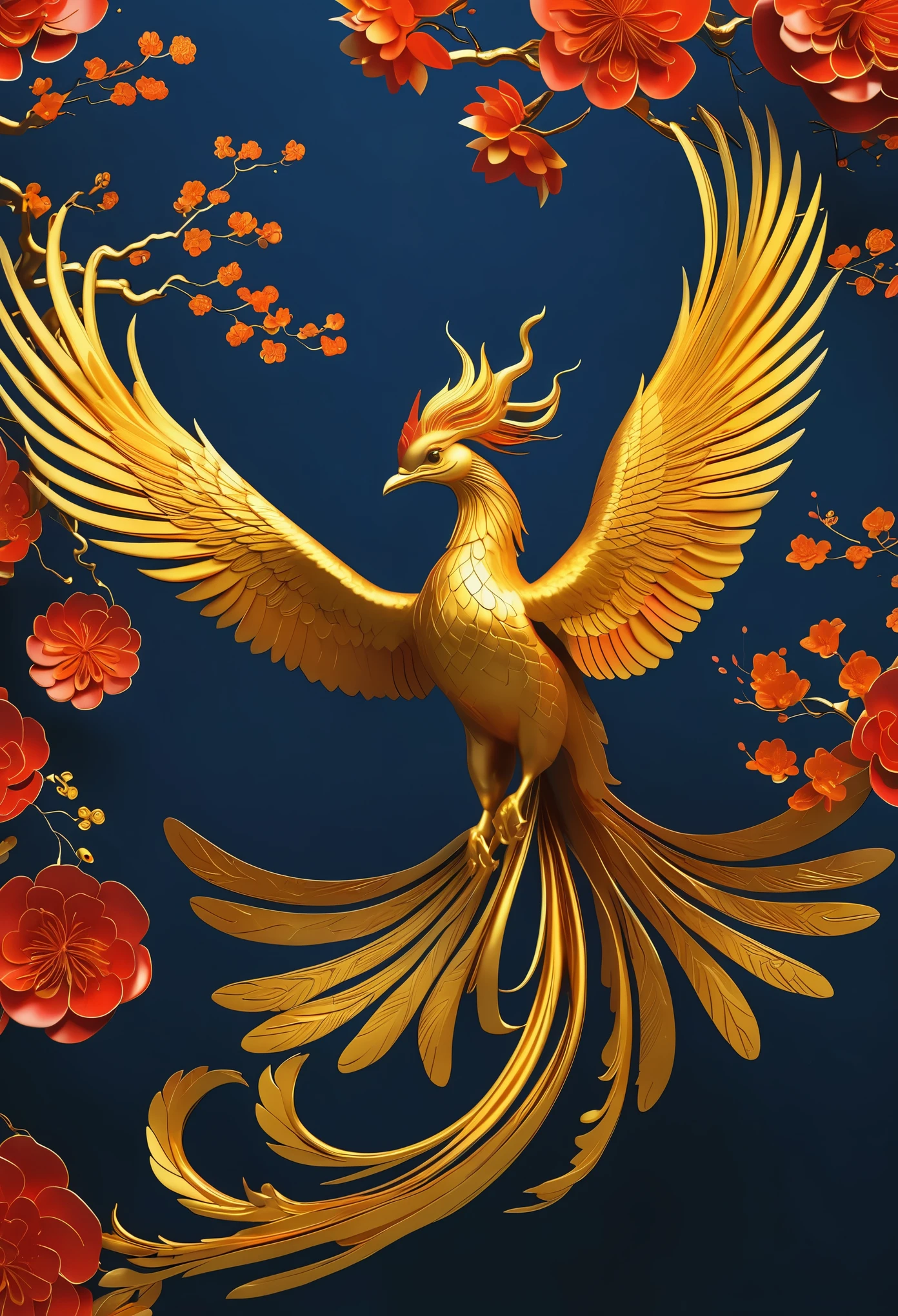 Full color, 3D Chinese graphics, modern style, natural color, Happy Chinese New Year, munimal 3D art style with hyper-realism. Modern Chinese Beautiful Chinese Phoenix Statue There are long legs flying above a large Chinese gold coin. Decorated with Chinese flowers dark blue background Modern graphic design UHD 64g