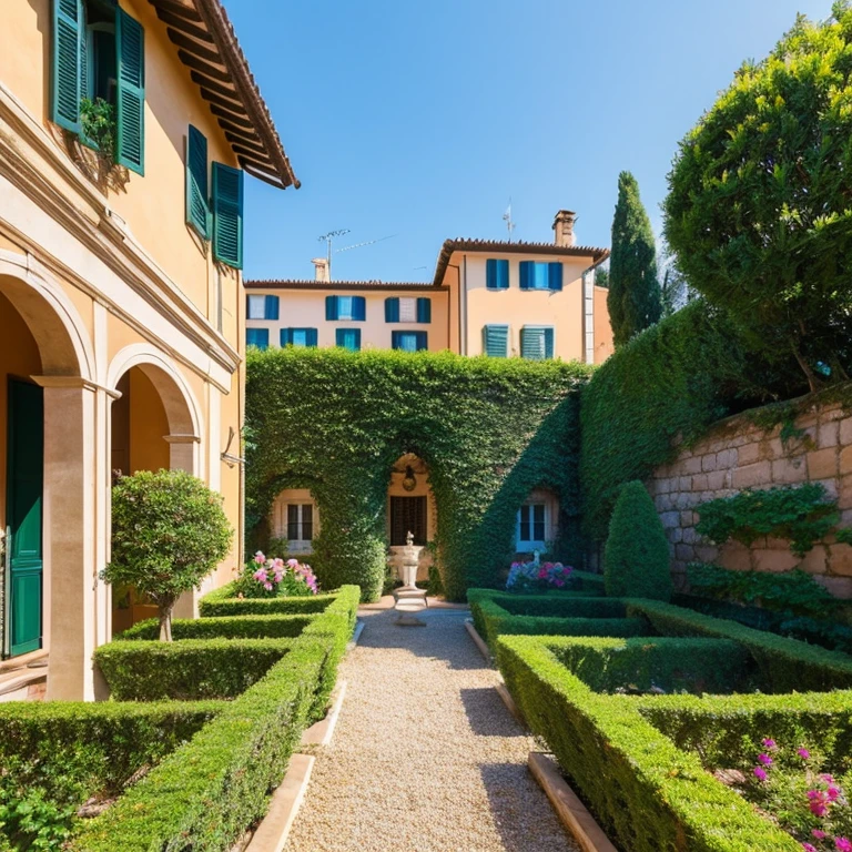 “Villa Adelgaide in Rome” Prompt: “Beautiful gardens and buildings of Villa Adelgaide”