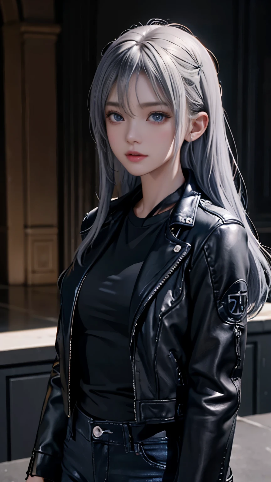 One girl, highest quality、masterpiece、超A high resolution、(2.5D illustration:1.4)、RAW Photos、1 girl、（silver hair blue eyes:1.1)、Glowing Skin、((Ultra-Realistic Details))、((Black Leather Jacket:1.2))、((Black denim pants:1.2))、Portrait、Global Illumination、Shadow、Octane Rendering, Facing forward、 Looking at the camera, beautiful, 30 years, compensate, Passionate look , Soft lighting, 2D background ,