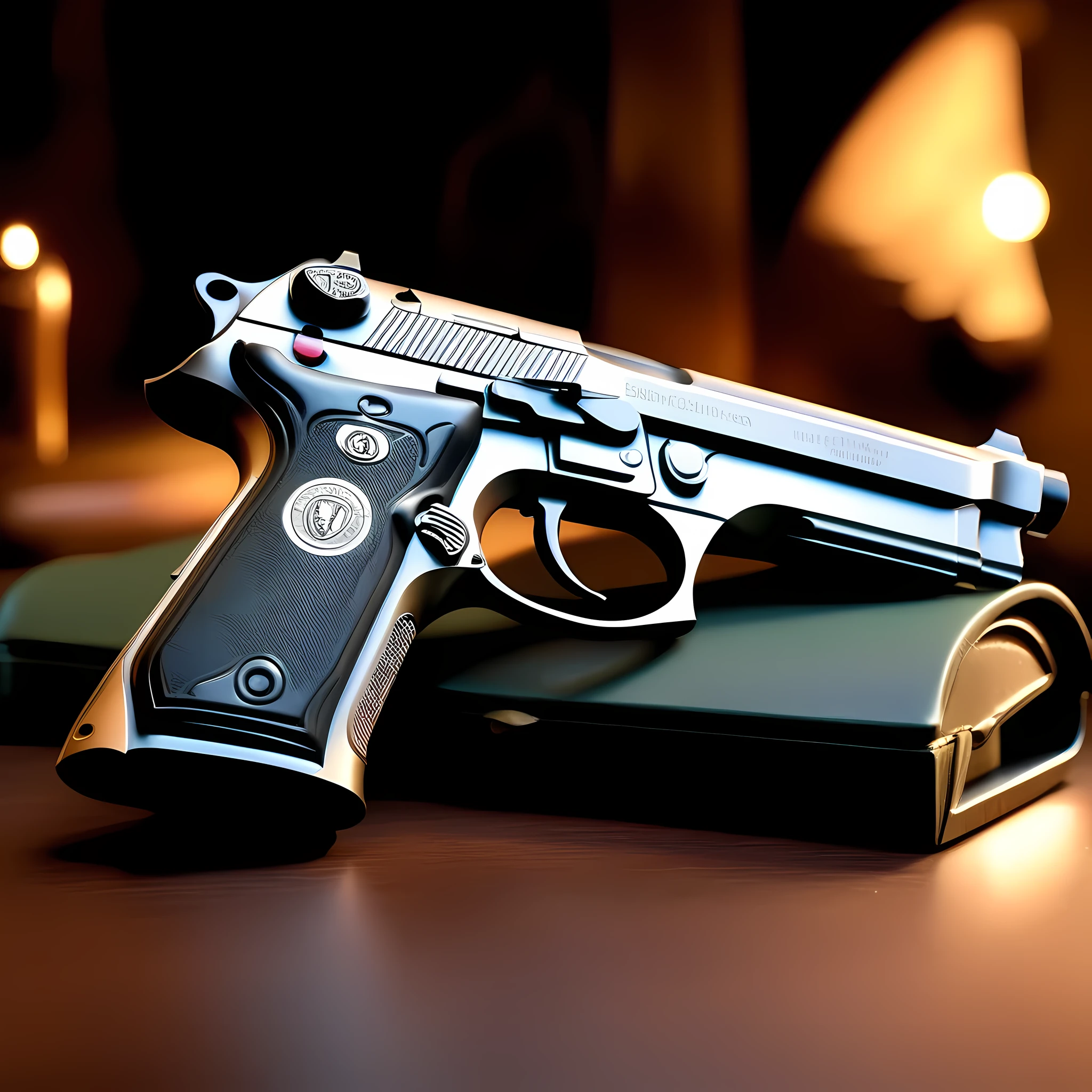 (((BERETTA 96A1 .40 S&W))), pistol, weapon, model is 96A1, Caliber is .40 S&W, magazine capacity is 10, double action, Overall Height is 5.4 inch, Overall Width is 1.5 inch, Barrel Length is 4.9 inch, Overall Length is 8.5 inch, Weight Unloaded is 33.3 oz, Frame Size is Full Size, "MOD. 96-CAL .40-PATENTED" is carved, ((photorealism, hyperrealism, three-dimensional rendering, genuine)), ((masterpiece, best quality, ultra-detailed, an extremely delicate and beautiful)), ((extremely detailed CG unity 8k wallpaper)), ((award winning, ccurate, UHD, textured skin, chromatic aberration, perfect anatomy, golden ratio)), (exquisite attention to detail), ((perfect_composition, perfect_design, perfect_layout, perfect_detail, ultra_detailed)), ((aesthetic harmony))