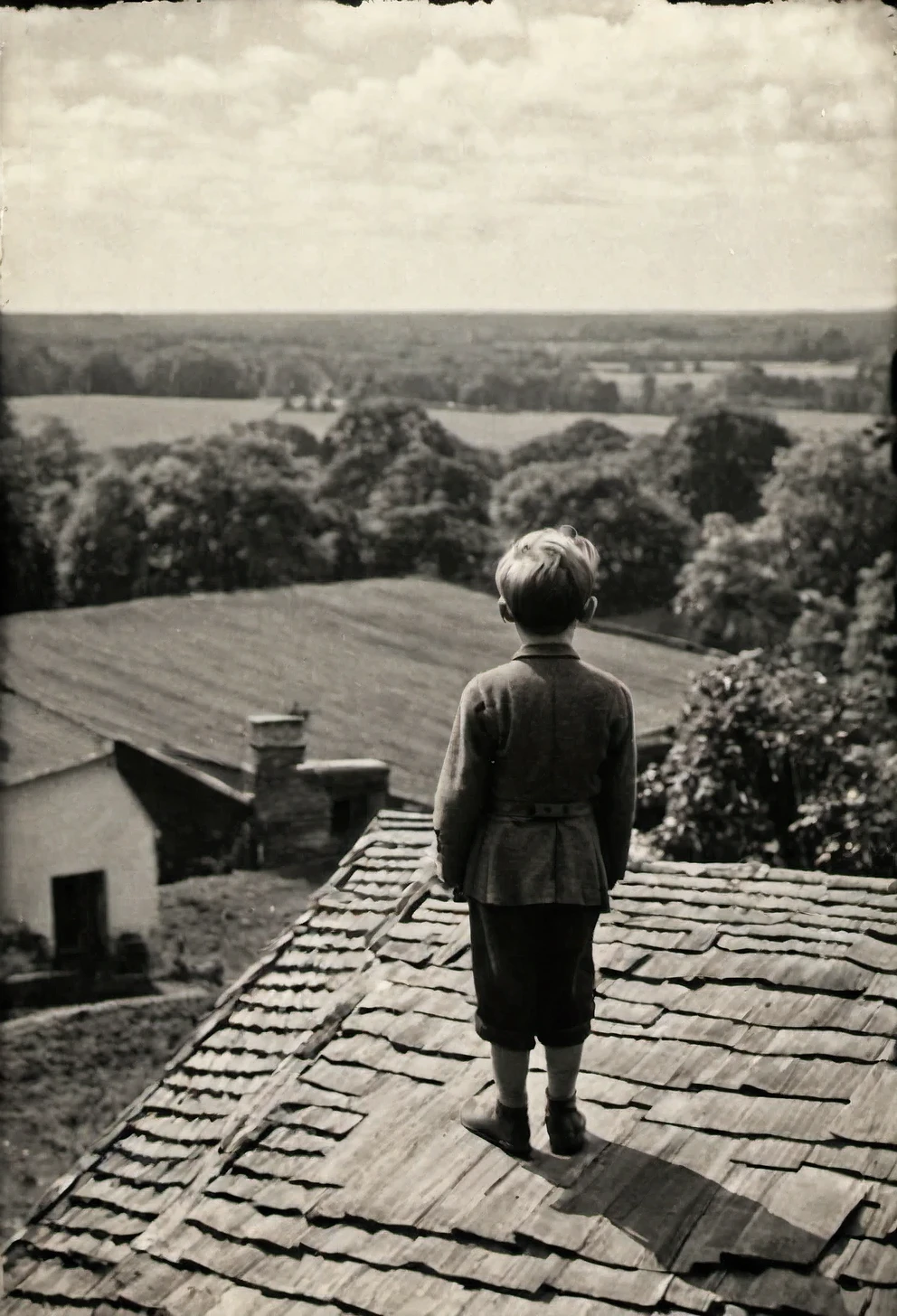 An old photograph from the 1930s, taken with a Zeiss Ikon Ikonta 520/2 camera, published by the Museum of Historical Photography in 1930. (a -yeld botands on the flat roof of an ancient house and looks into the distance), fields and forests are visible in the distance, film type 130, frame size 60 x 90 mm, Tessar 4.5/lens 105 mm, vintage photo paper, old battered photo, scuffs and scratches, photo spoiled by time