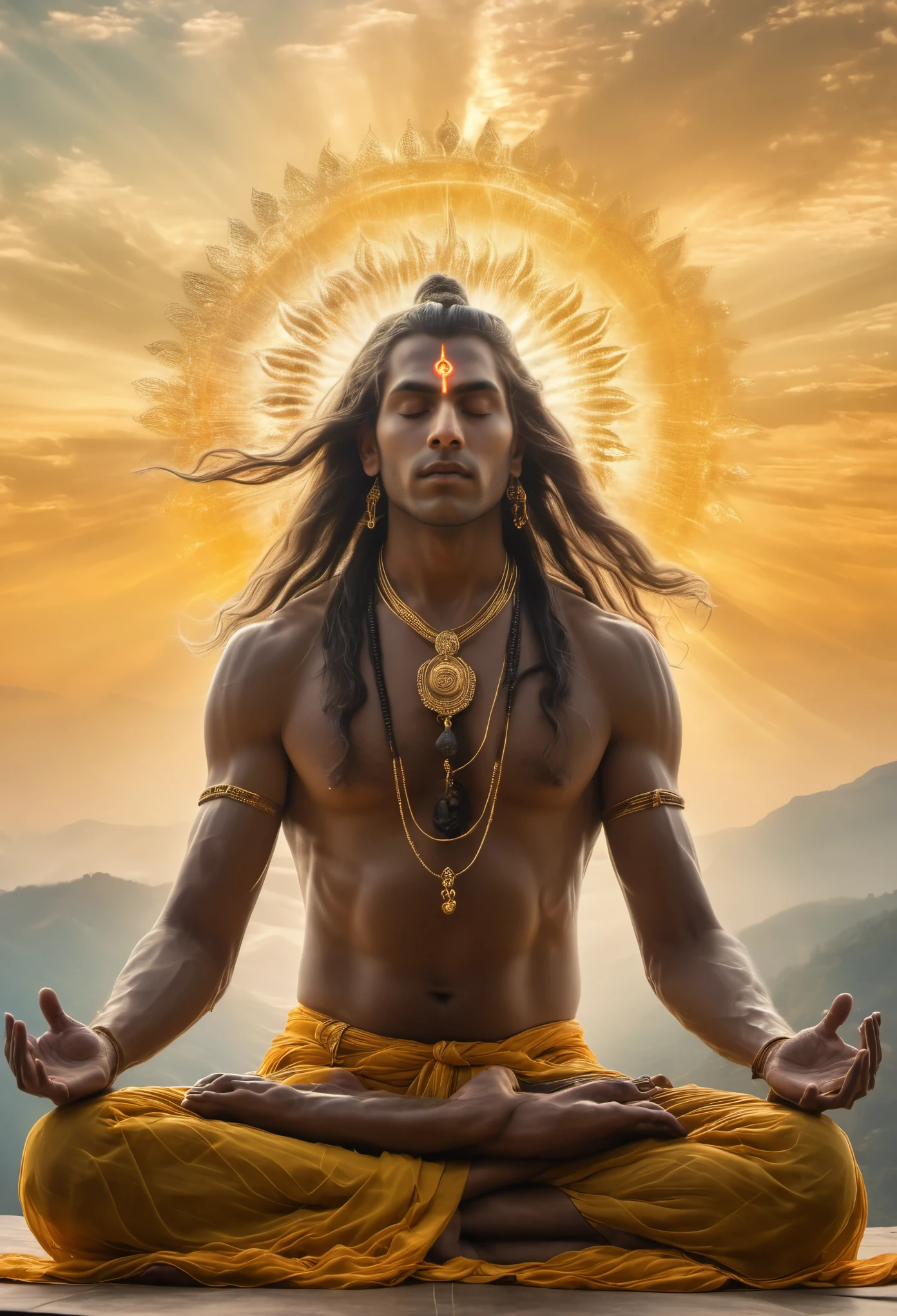 Photography of a man with long flowing hair engaged in a yoga pose, facing the sky where the majestic visage of God Shiva gazes down towards his devotee in a fantastical and otherworldly manner. The man's focused posture and spiritual connection contrast with the divine presence of Shiva, whose gaze conveys a sense of cosmic wisdom and benevolence. The surreal composition captures a moment of spiritual communion and transcendence, blending the earthly with the divine in a captivating portrayal of devotion and enlightenment