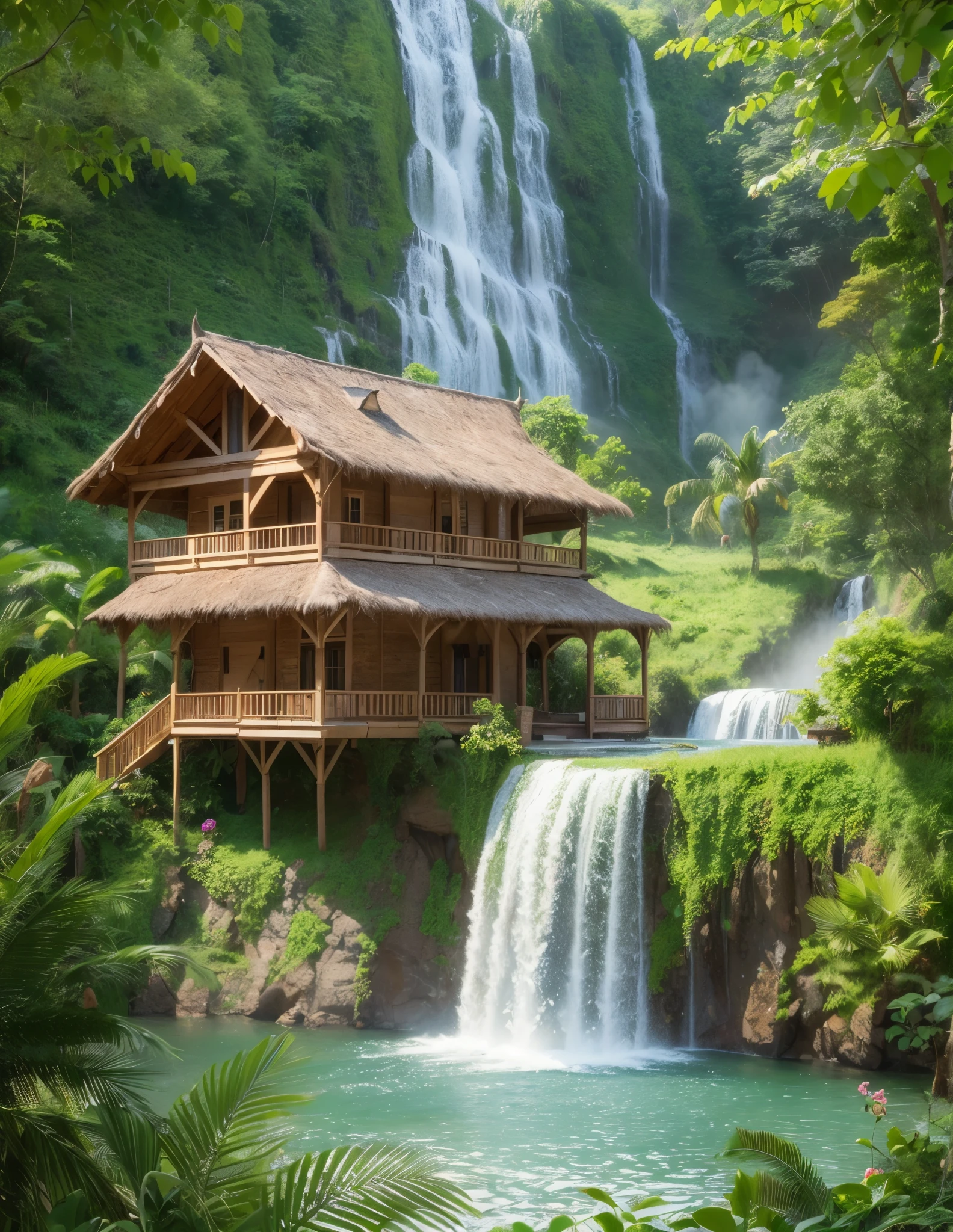 Wooden house near a high waterfall in a jungle. Highly detailed. digital painting, artstation, concept art, soft focus, sharp, illustration --auto --s2