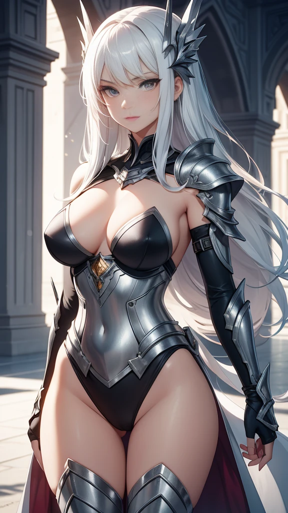 （（A beautiful young woman in skimpy silver bikini armor，Chinese，Seductive）），exquisite facial features，Three-dimensional facial features，Perfect face，（（Carrying a silver sword on her back，Hold a delicate sniper rifle, red phoenix eyes，Teeth white lip red，big breasts thin waist，long legs，slender arms，Precision forged silver helmet，Fine-forged silver armor，The whole body is protected by silver armor）），majestic-looking，Invincible，Top Photography Masters Award-Winning Works，Light particles surround，tmasterpiece，A high resolution，luxury goods，a gorgeous，detail-rich，There is a thousand undue courage，（（（Holding a fierce bow））)，Shining with God's eyes，Artwork quality，（（close-up all over the body）），The fingers are clearly defined，perfect hand，dingdall effect，erudite，The armor reflects a stunning metallic sheen，perfect hand，Glass craftsmanship，with a sense of layering，Clear facial features