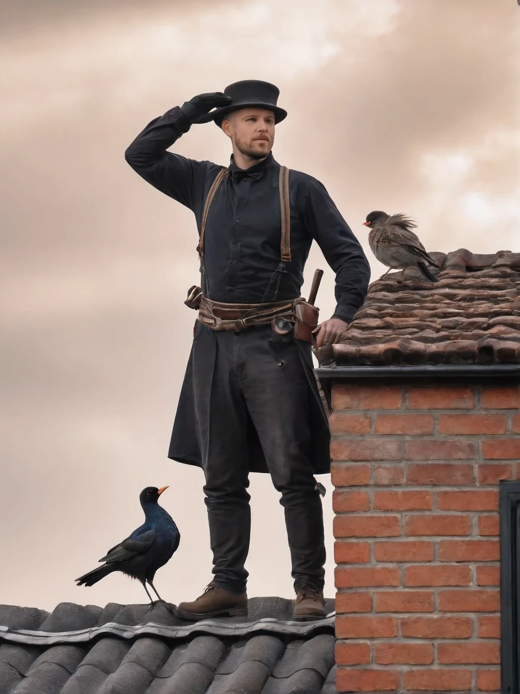 Photo Canon EOS 6D Mark II RF 24-70 mm F2.8L IS USM with a male chimney sweep in chimney sweep clothes standing on the tiled roof of a house near the chimney, rear view, the chimney sweep holds the chimney sweep equipment in his hand, the chimney sweep looks at the birds flying by, the woman looks excited, high detail, maximum photorealism, high resolution, photographic grain.