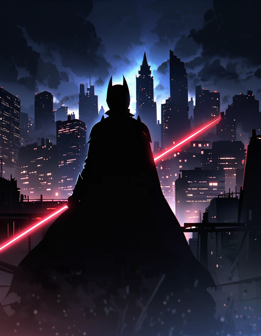 An intense and dramatic silhouette of Batman on a high tower rooftop on a dark night. The moonlight illuminates the night sky and casts a shadow of the bat symbol on the ground. Batman, in his iconic suit, is seen from behind, holding his laser beam weapon. The towering building's infrastructure is visible, with a city skyline in the background. The overall atmosphere is mysterious and action-packed, evoking a sense of adventure and heroism.