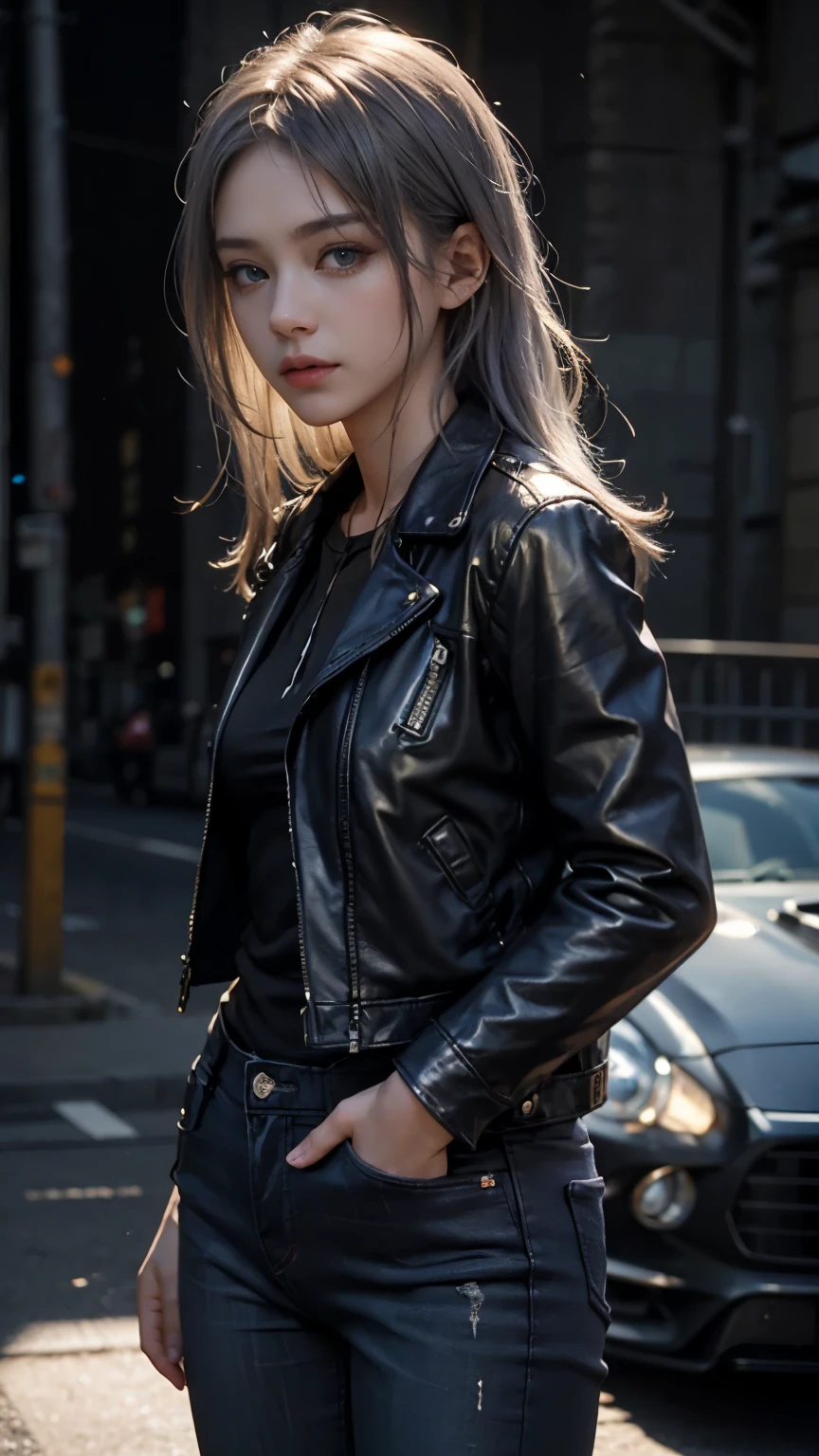 One girl, highest quality、masterpiece、超A high resolution、(2.5D illustration:1.4)、RAW Photos、1 girl、（silver hair blue eyes:1.3)、Glowing Skin、((Ultra-Realistic Details))、((Black Leather Jacket:1.2))、((Black denim pants:1.2))、Portrait、Global Illumination、Shadow、Octane Rendering, (Facing forward:1.2)、 Looking at the camera, beautiful, 30 years, compensate, Passionate look , Soft lighting, 2D background ,