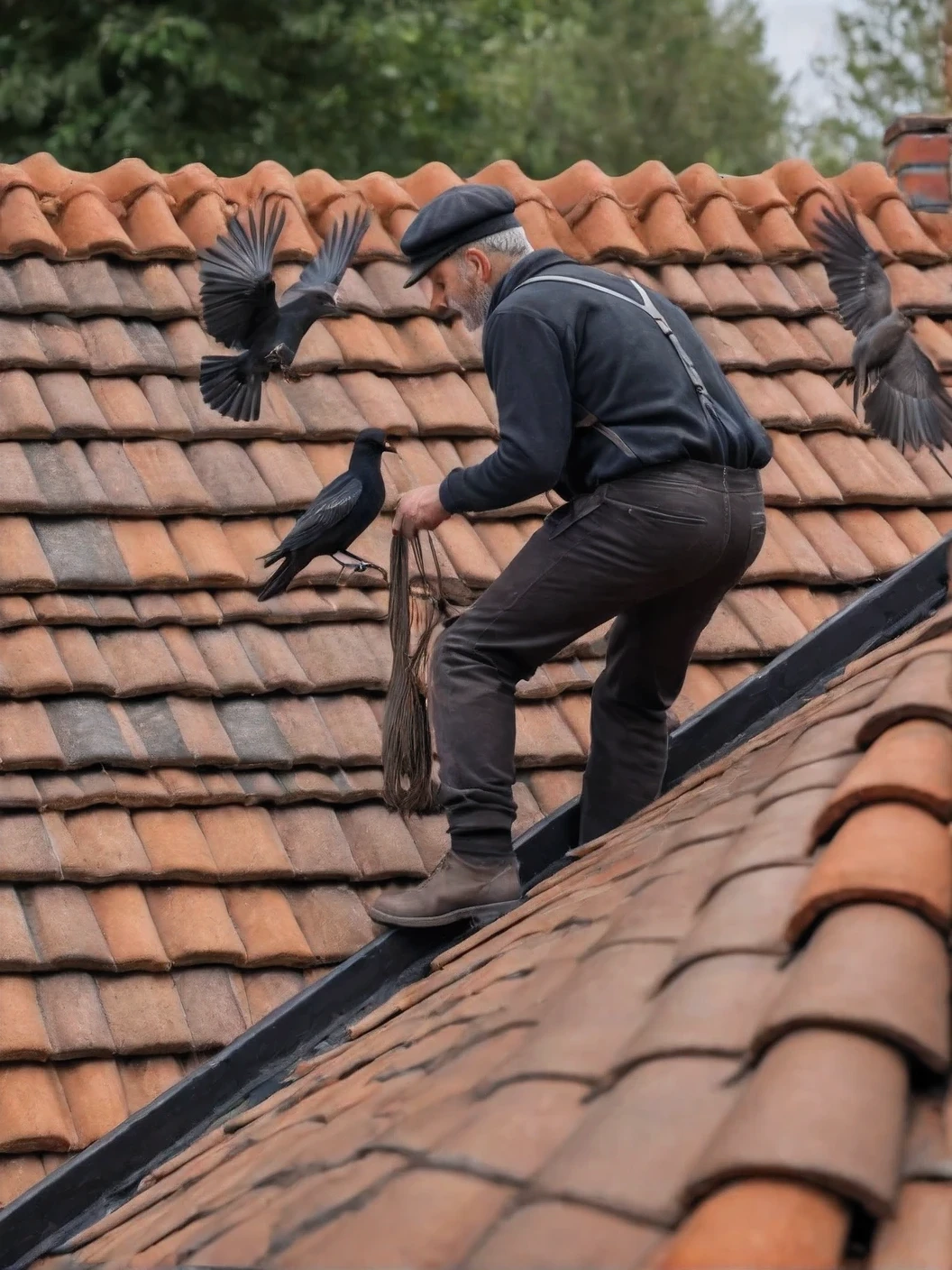 Photo Canon EOS 6D Mark II RF 24-70 mm F2.8L IS USM with a male chimney sweep in chimney sweep clothes standing on the tiled roof of a house near the chimney, rear view, the chimney sweep holds the chimney sweep equipment in his hand, the chimney sweep looks at the birds flying by, the woman looks excited, high detail, maximum photorealism, high resolution, photographic grain.