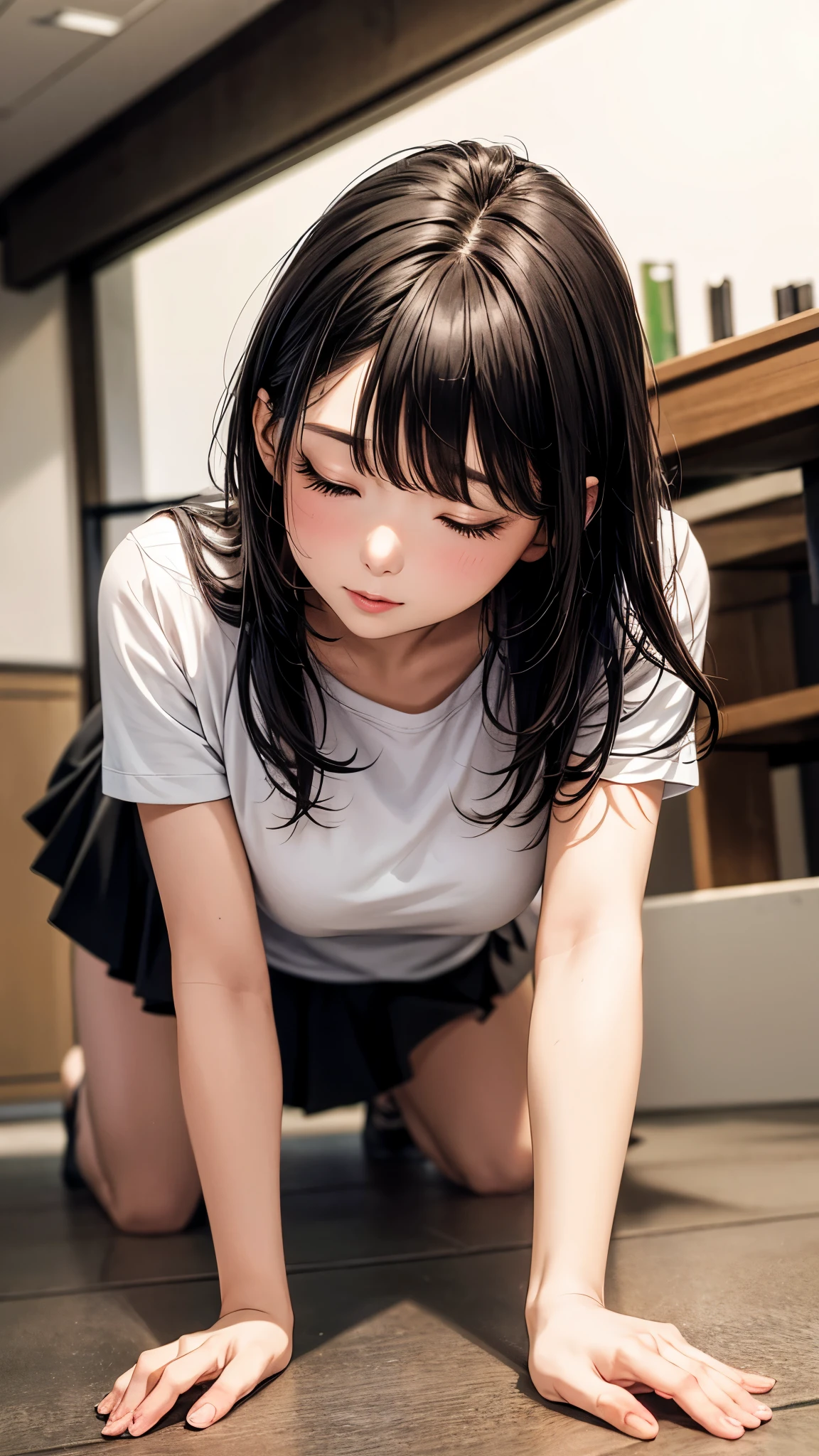 highest quality、4K quality、A woman on all fours puts her head between a man's legs