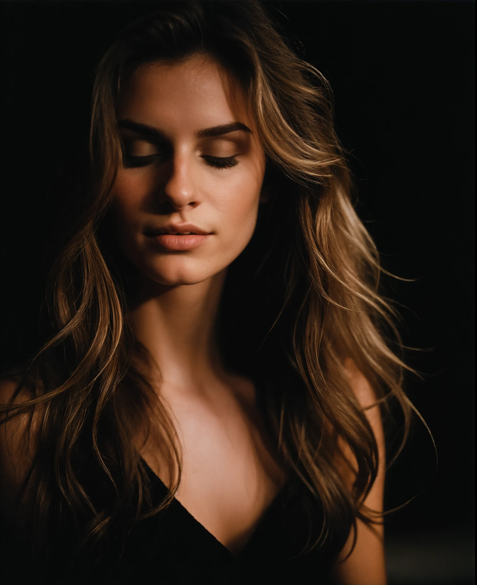 Deep photo, depth of field, ferrania p30 film, shadows, messy hair, perfect face and body, dark, nighttime, dark photo, grainy, dimly lit, seductive smirk, harsh camera flash ((eyes closed))