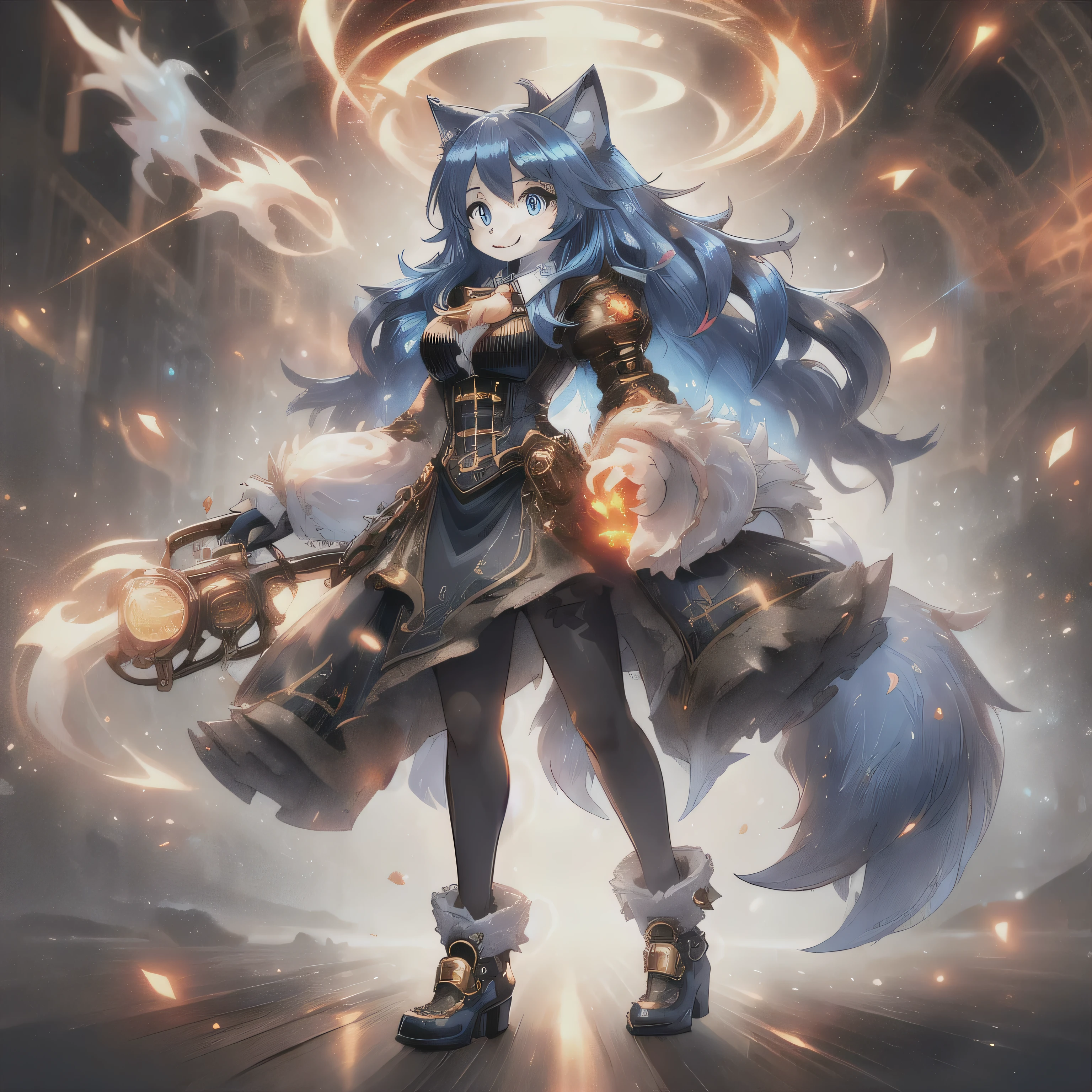 woman, hairy woman, wolf woman, full body portrait, full fur, golden fur, full tail, big tail, golden tail, golden hair, long hair, bushy hair, hair, hair with a brooch (gear-shaped brooch ), almond-shaped eyes, blue eyes, shy smile, charming face, red cheek, long dress (dark blue color in steampunk style), worn tights, black tights, heeled shoe, steampunk shoe, background with steampunk city (a woman wolf this walk in the city), lots of people in the street