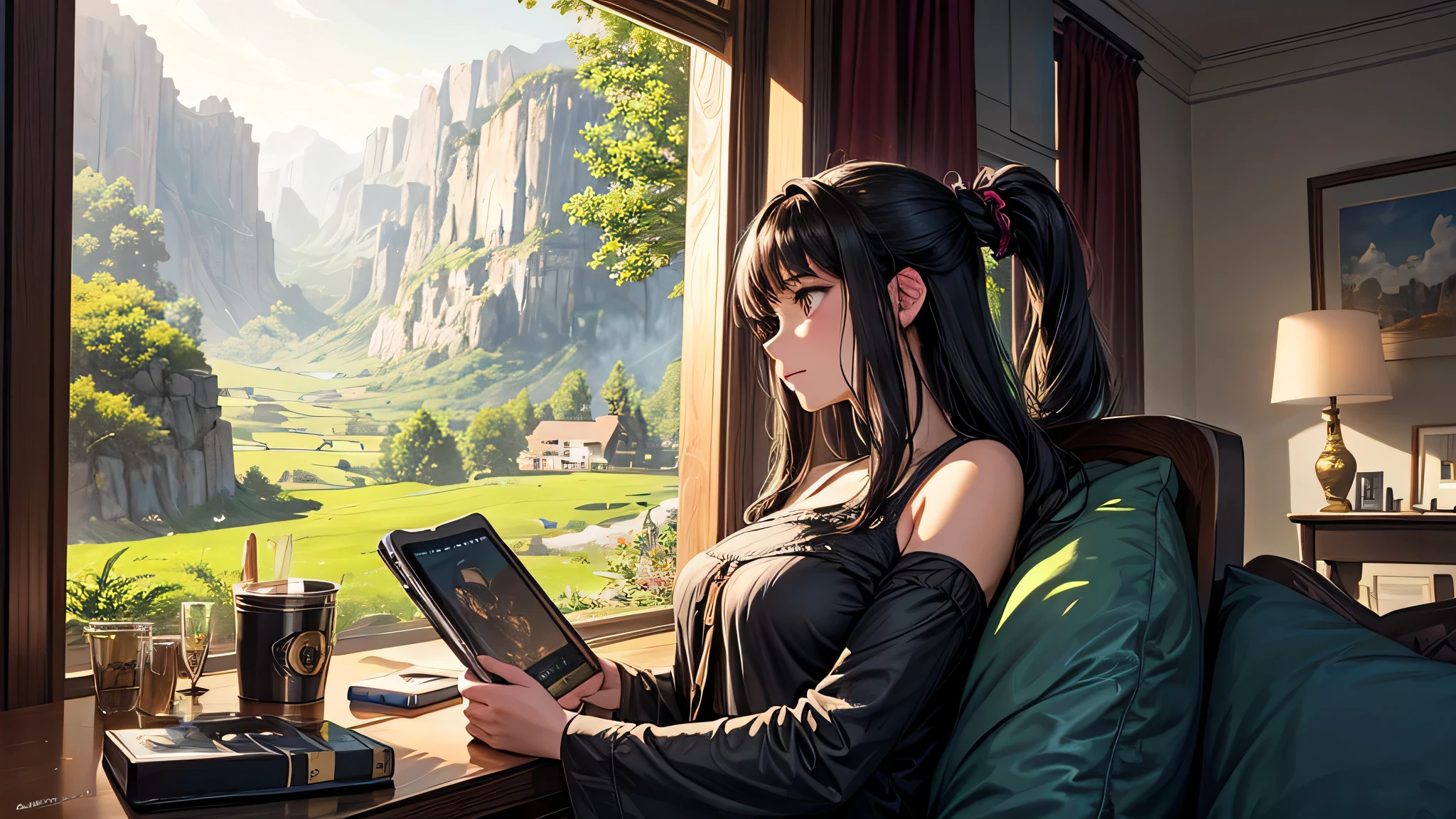 Singular light, alone, woman, face seen from the side, sideways, cosmic, fantsy, looking away:1.4, adult, busty, Ghibli-like design, living room, sitting, dark hair, studying, Completely, landscape orientation, side view,