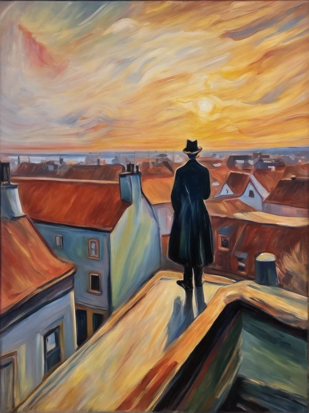 Oil painting on canvas Person Standing on the Rooftop, artist Edvard Munch, Person Standing on the Rooftop in the style of Edvard Munch, full compliance with the style of Edvard Munch